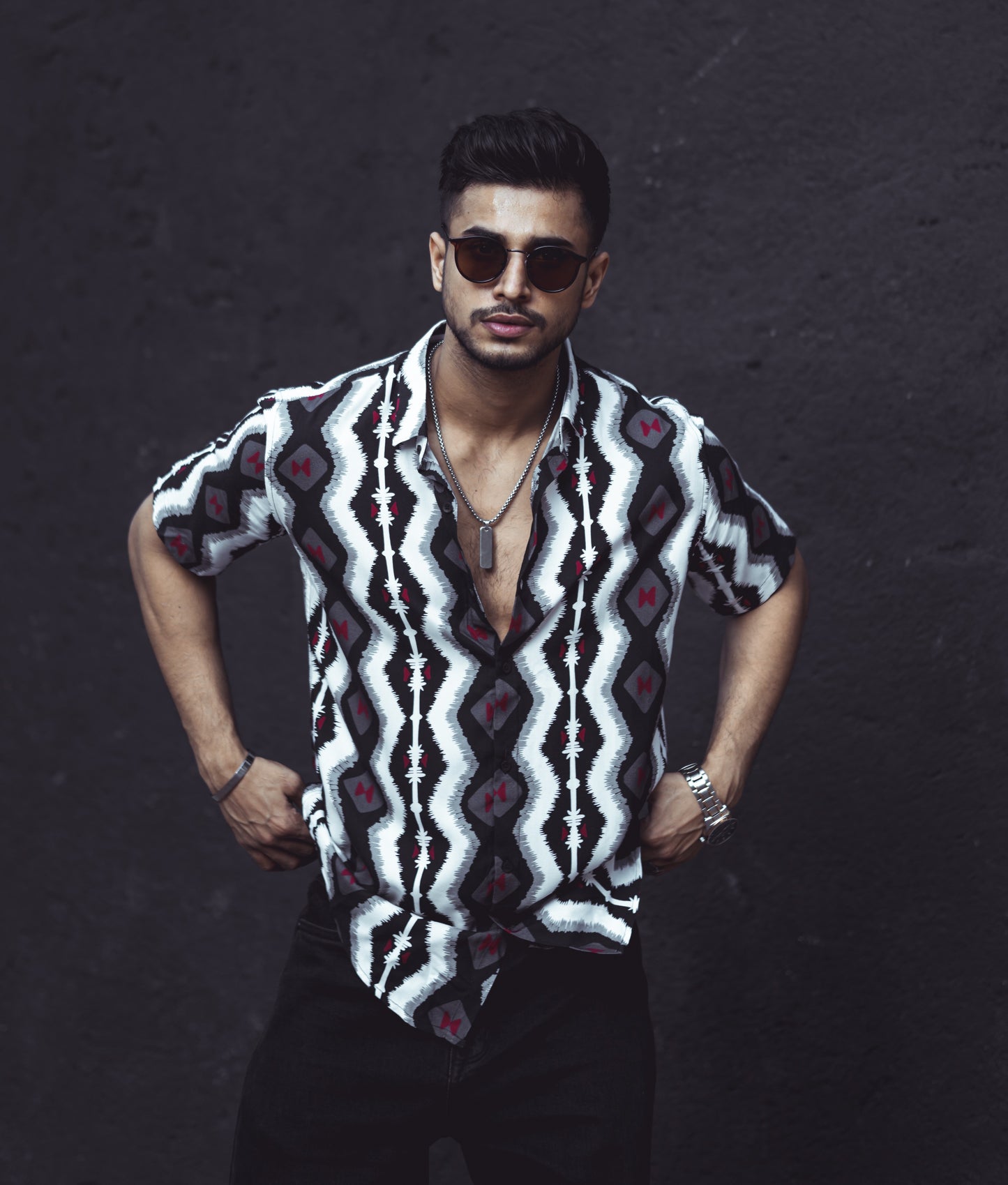 Black Resist-Dye Print Short-Sleeve Shirt