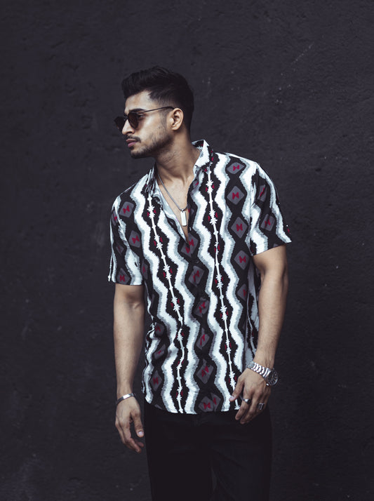 Black Resist-Dye Print Short-Sleeve Shirt