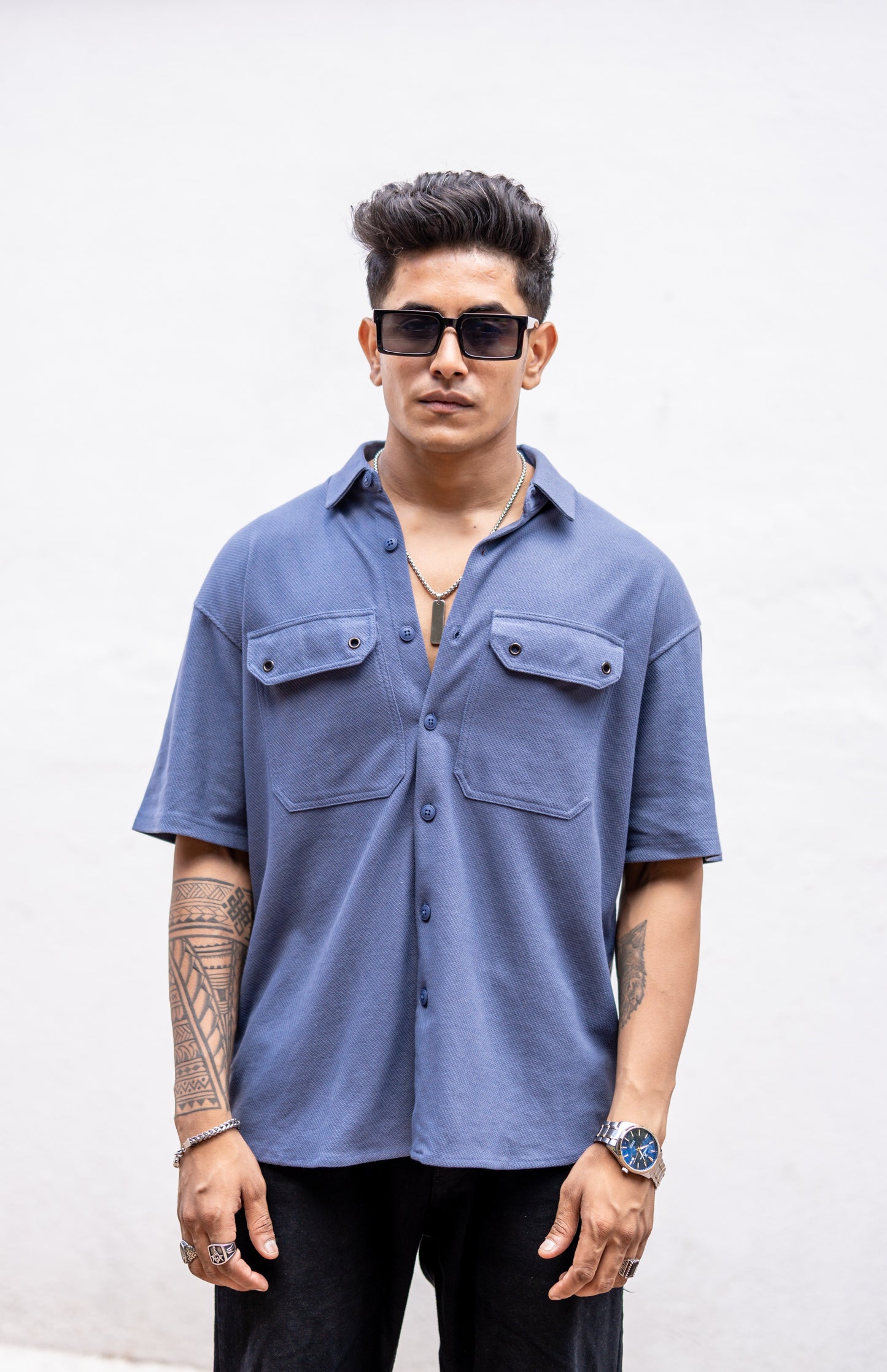 Grey Flap Pocket Knitted Oversize Drop Shoulder Shirt