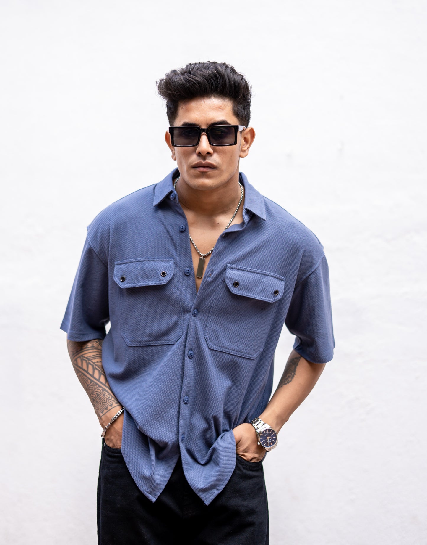 Grey Flap Pocket Knitted Oversize Drop Shoulder Shirt
