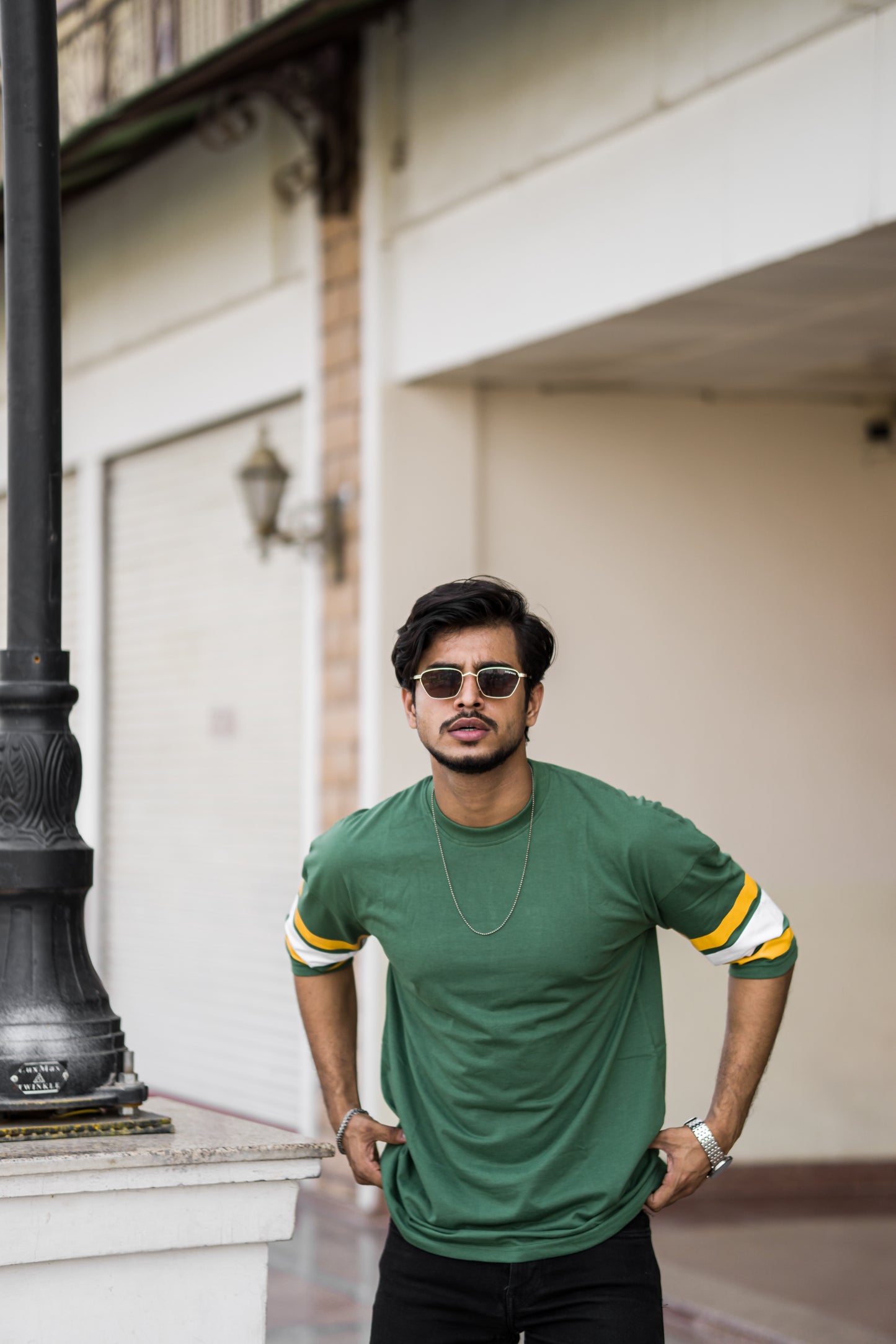 Green Crew Neck T-Shirt with Striped Sleeves