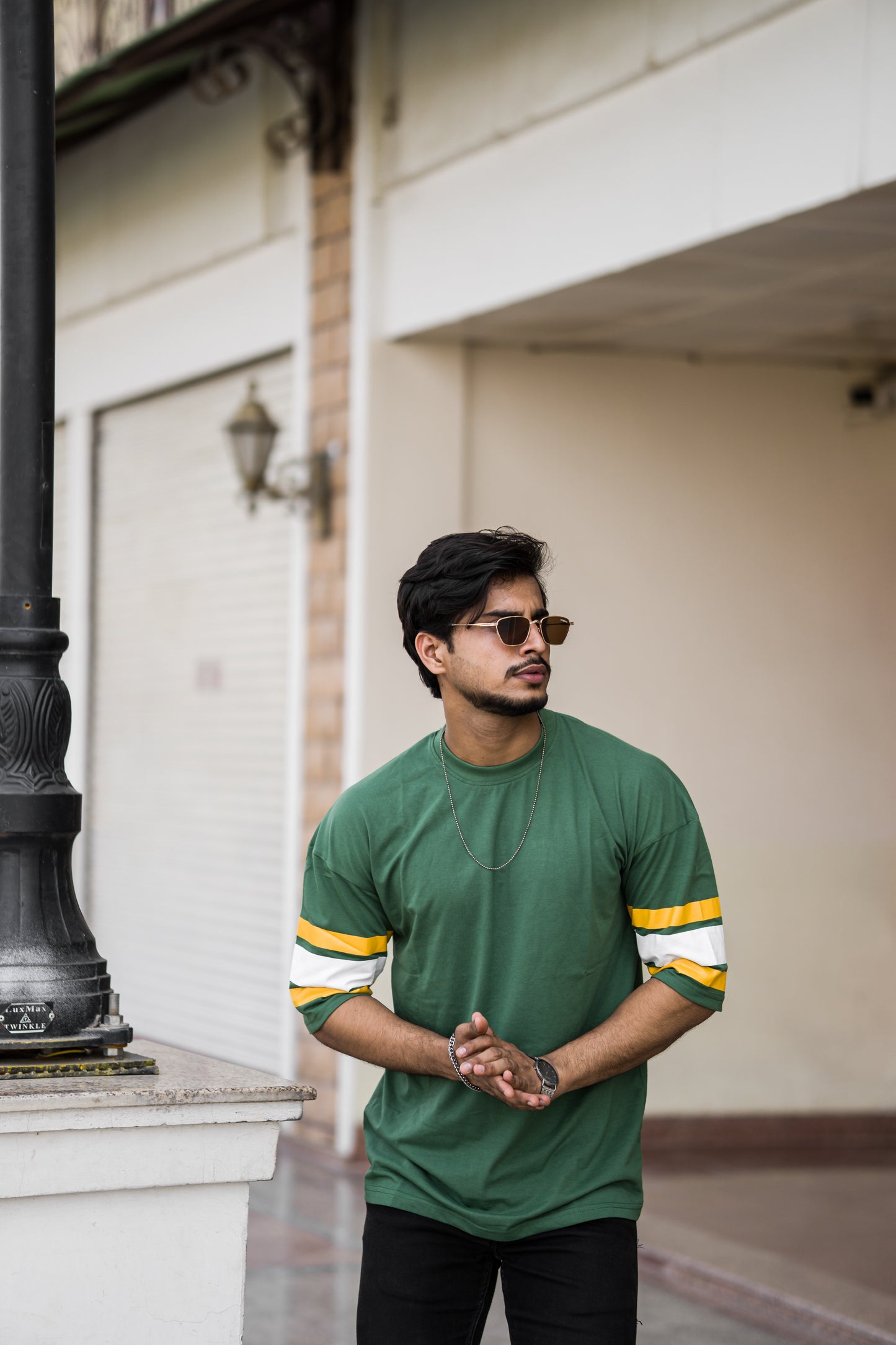 Green Crew Neck T-Shirt with Striped Sleeves
