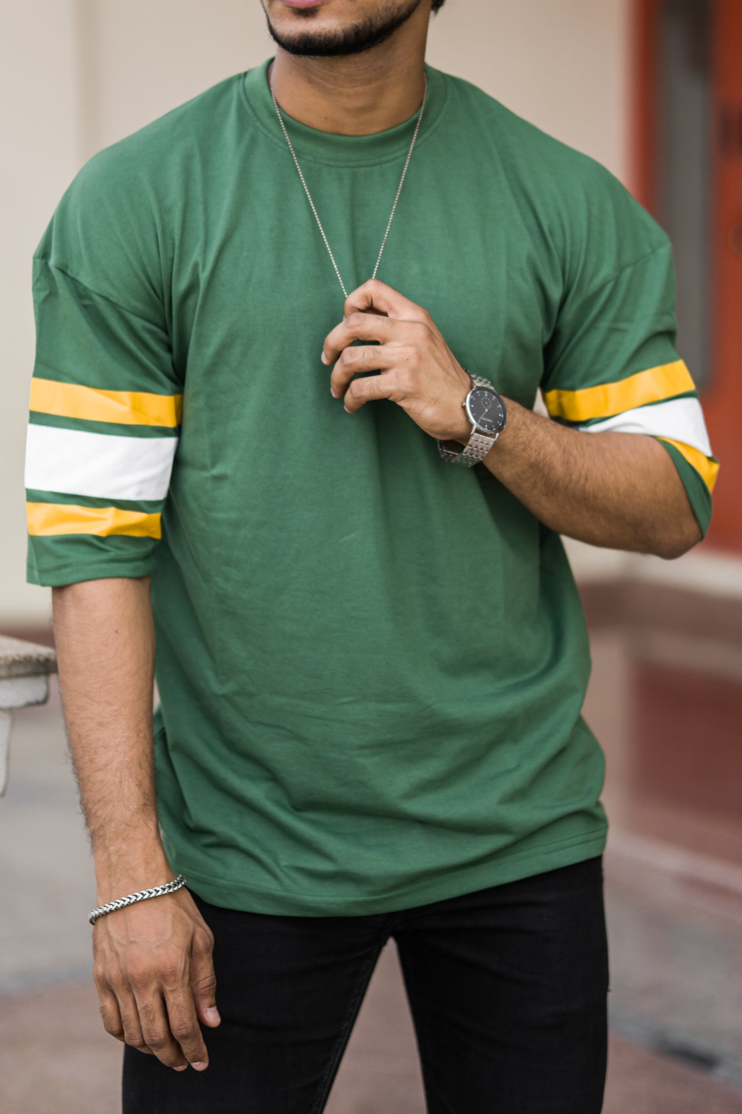 Green Crew Neck T-Shirt with Striped Sleeves