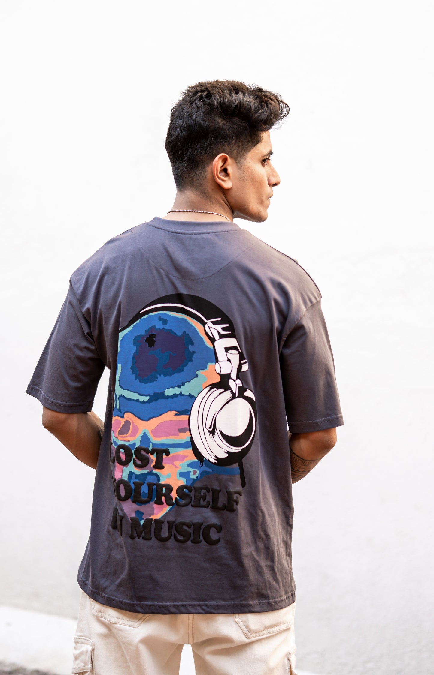 Dark Grey Lost Yourself In Music Back Print Oversize Drop Shoulder T Shirt