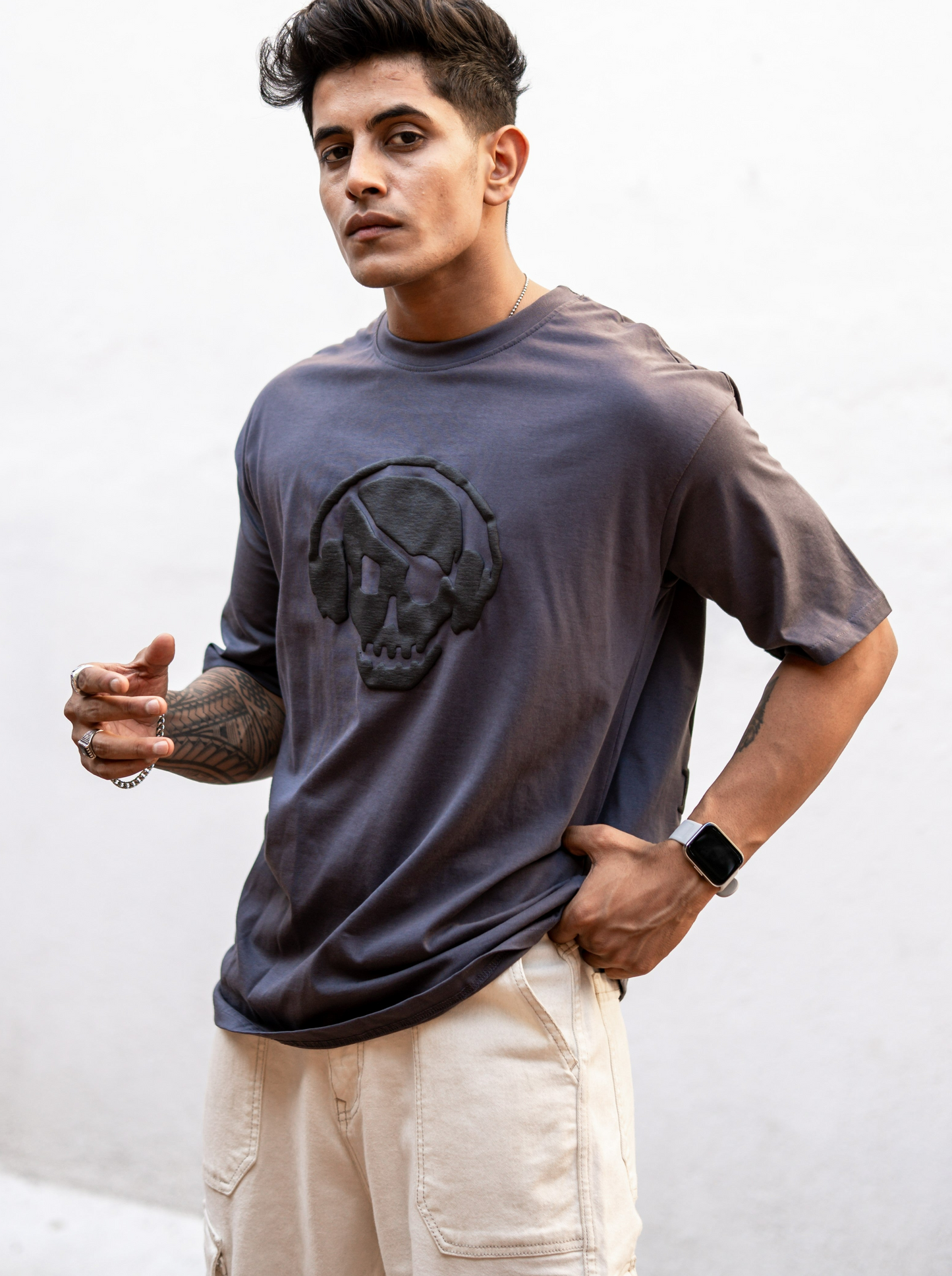 Dark Grey Lost Yourself In Music Back Print Oversize Drop Shoulder T Shirt