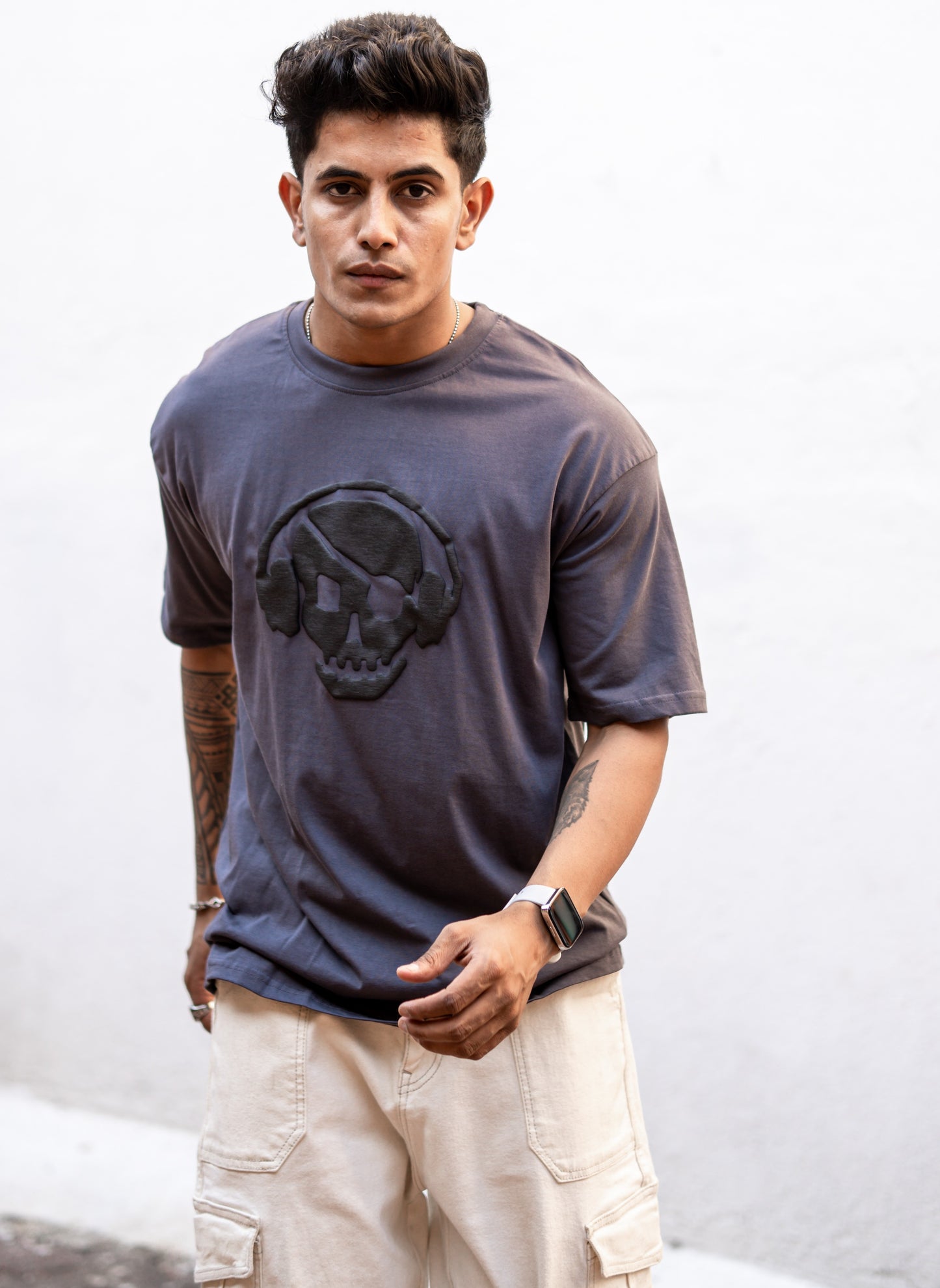 Dark Grey Lost Yourself In Music Back Print Oversize Drop Shoulder T Shirt