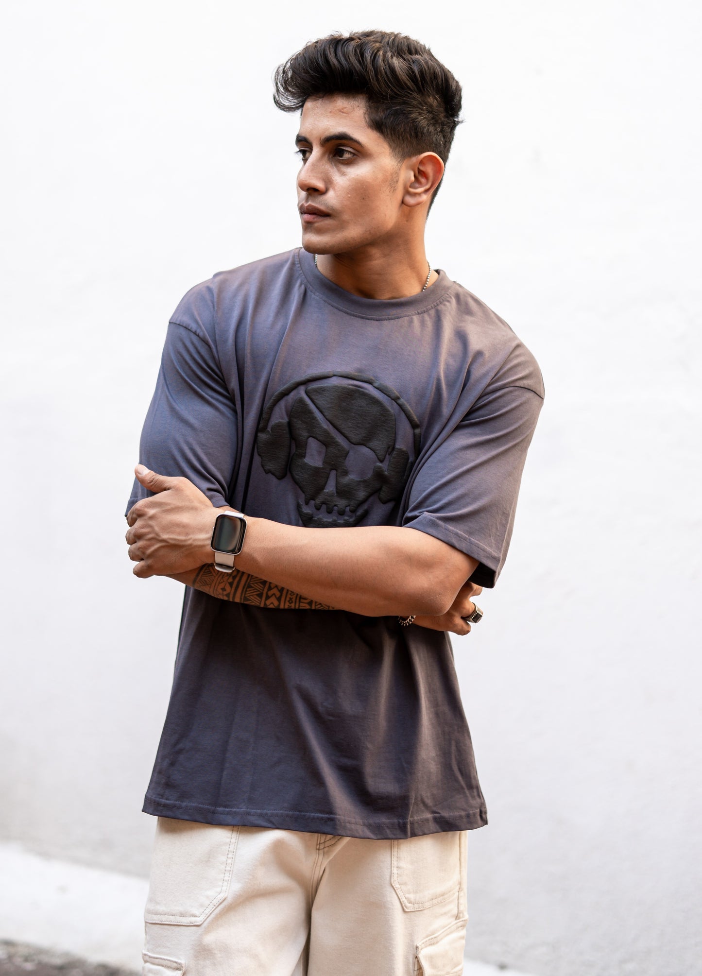 Dark Grey Lost Yourself In Music Back Print Oversize Drop Shoulder T Shirt