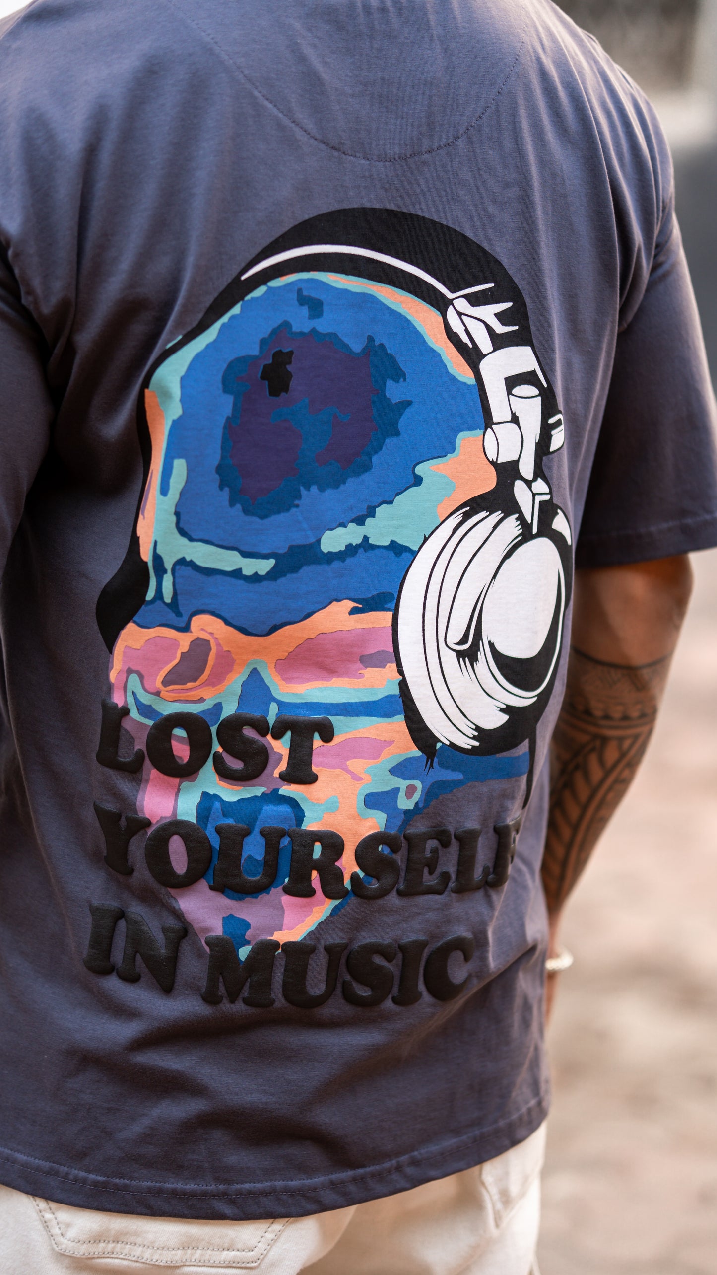 Dark Grey Lost Yourself In Music Back Print Oversize Drop Shoulder T Shirt