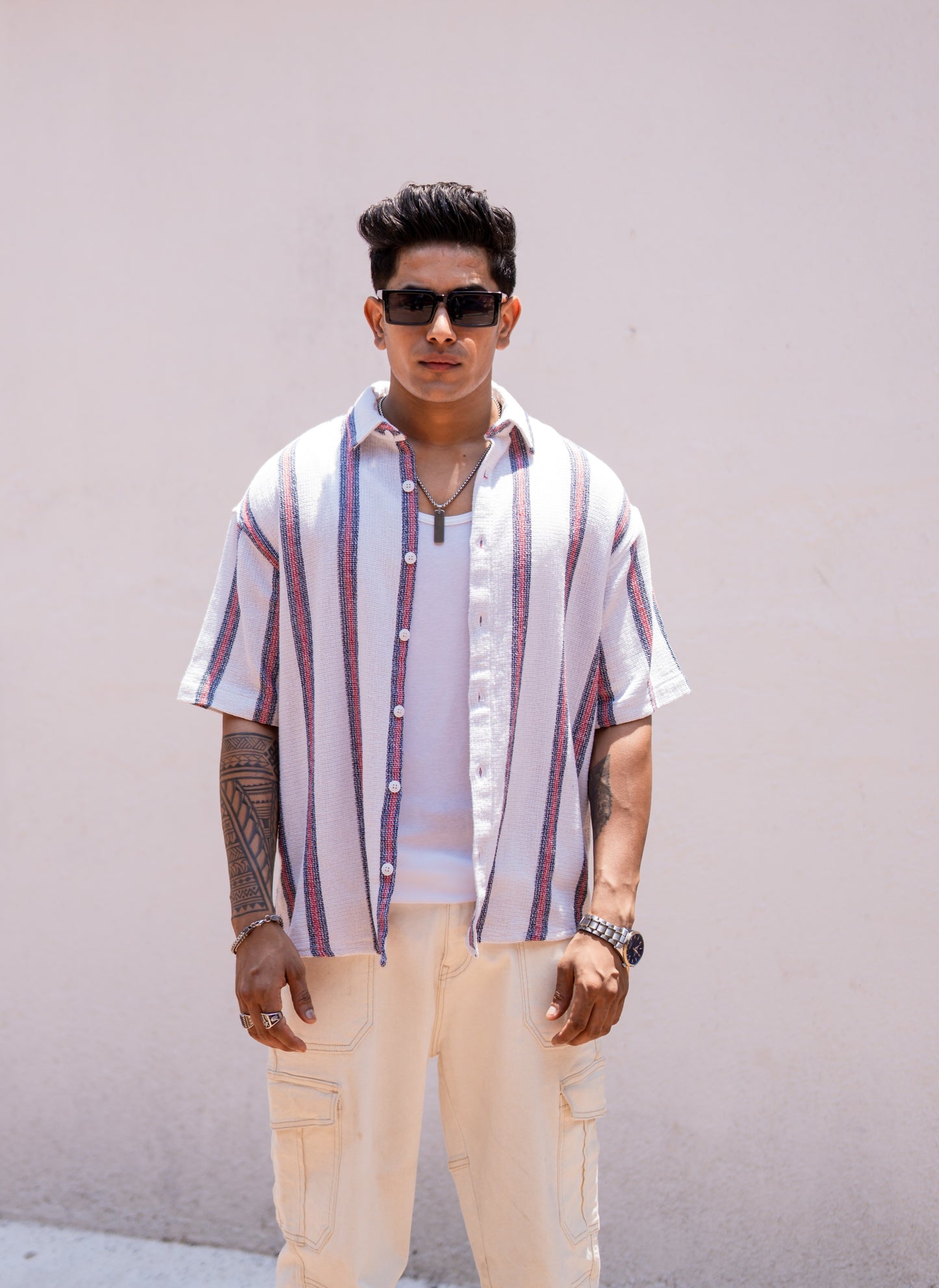 White Striped Oversize Drop Shoulder Shirt