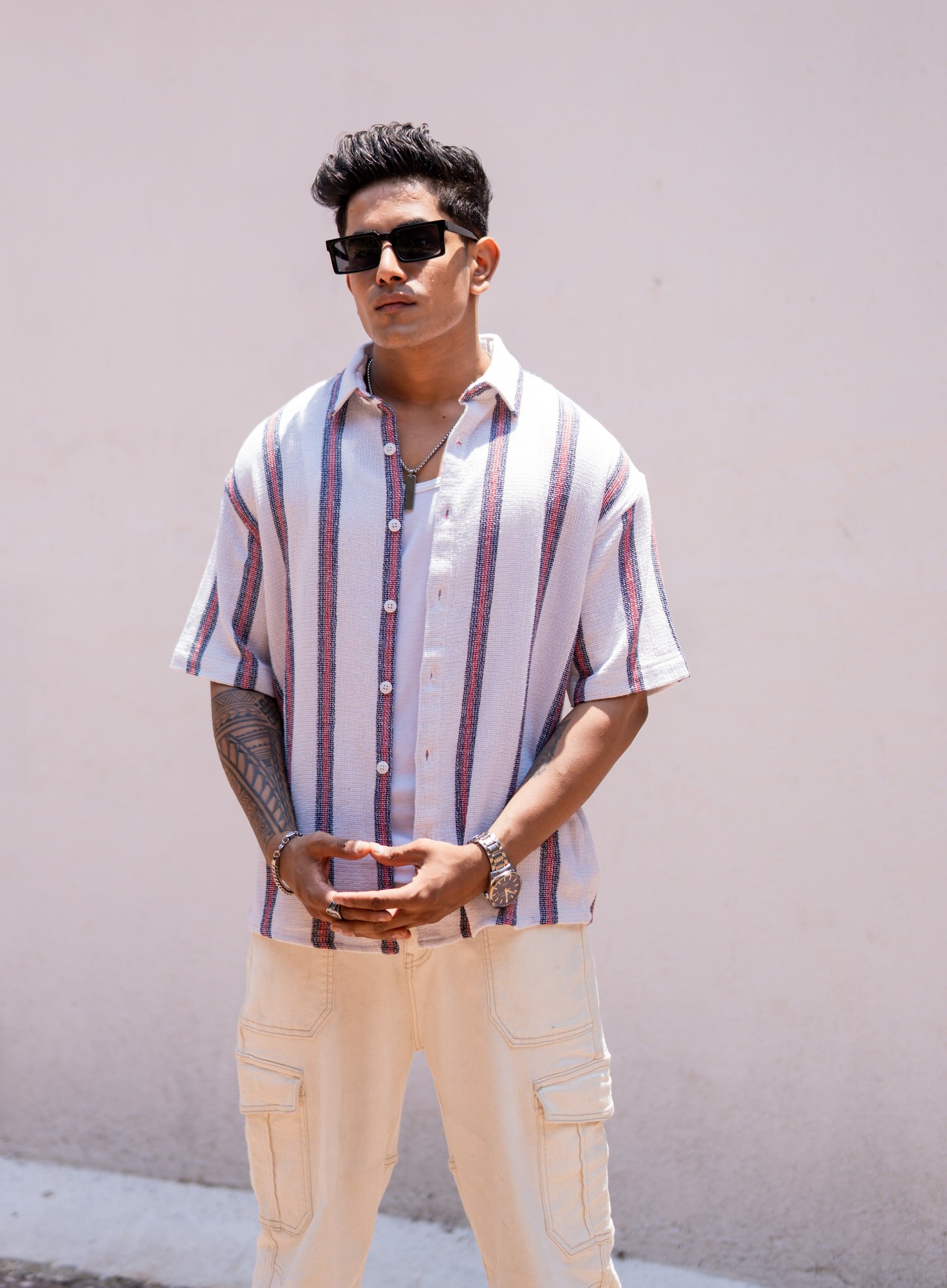 White Striped Oversize Drop Shoulder Shirt
