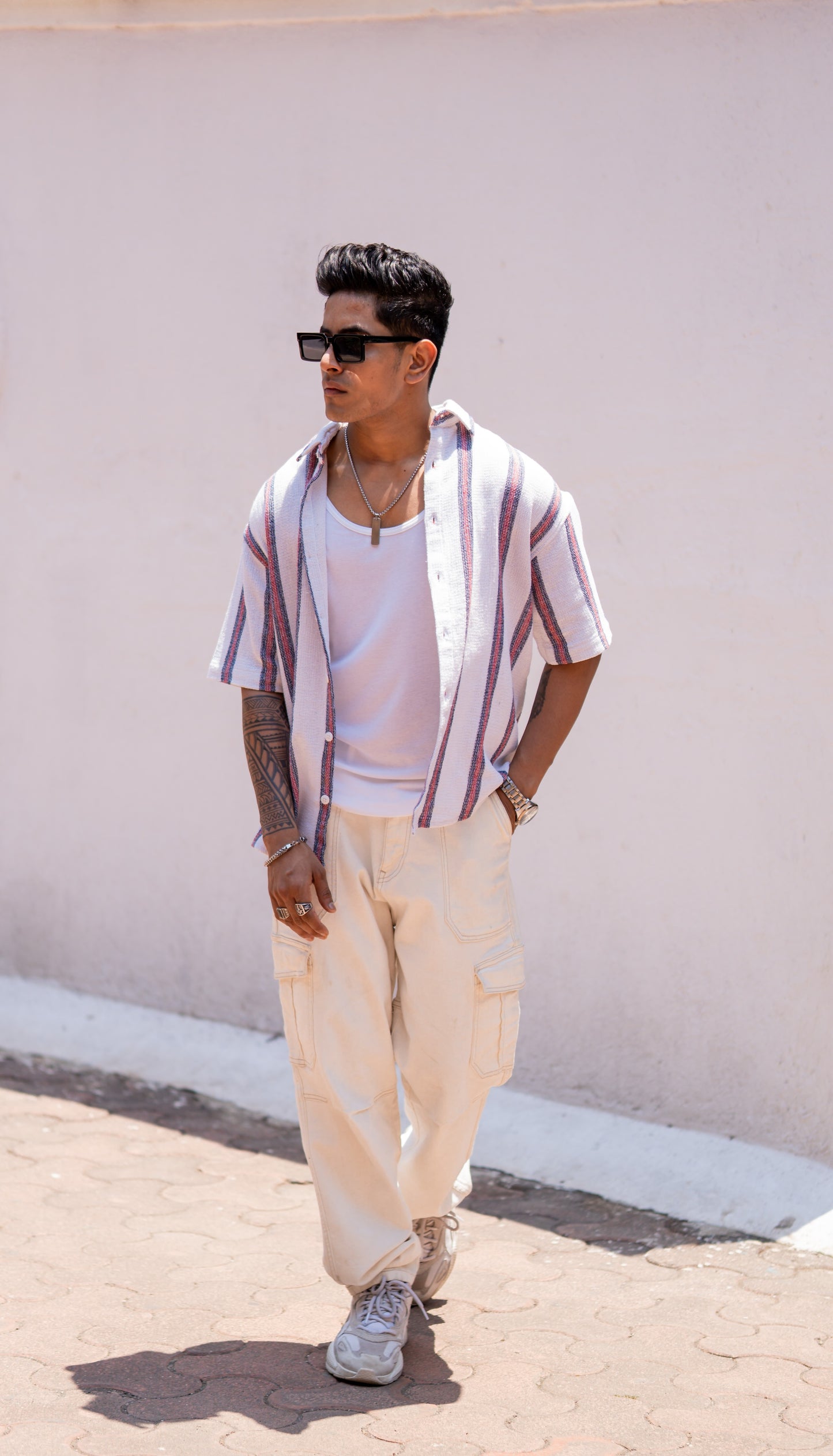 White Striped Oversize Drop Shoulder Shirt