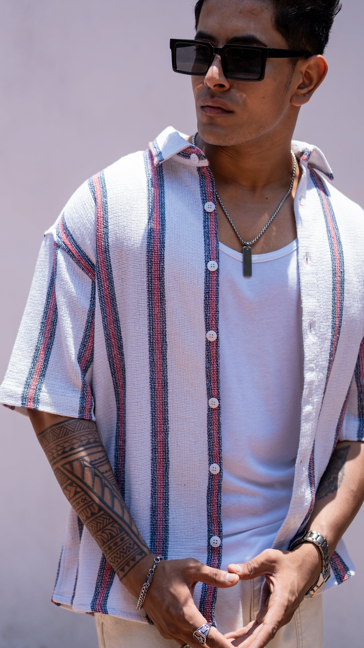 White Striped Oversize Drop Shoulder Shirt