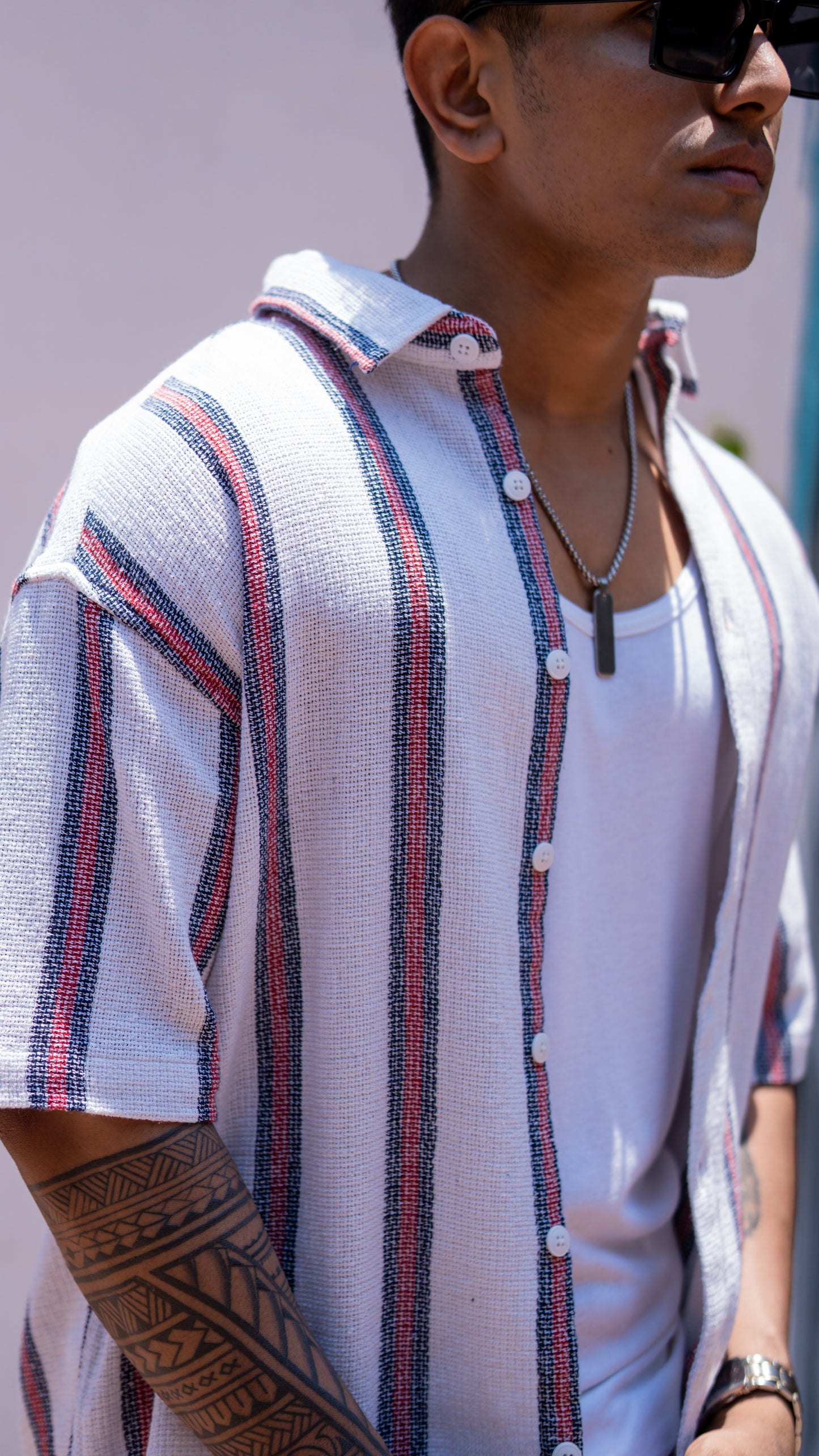 White Striped Oversize Drop Shoulder Shirt