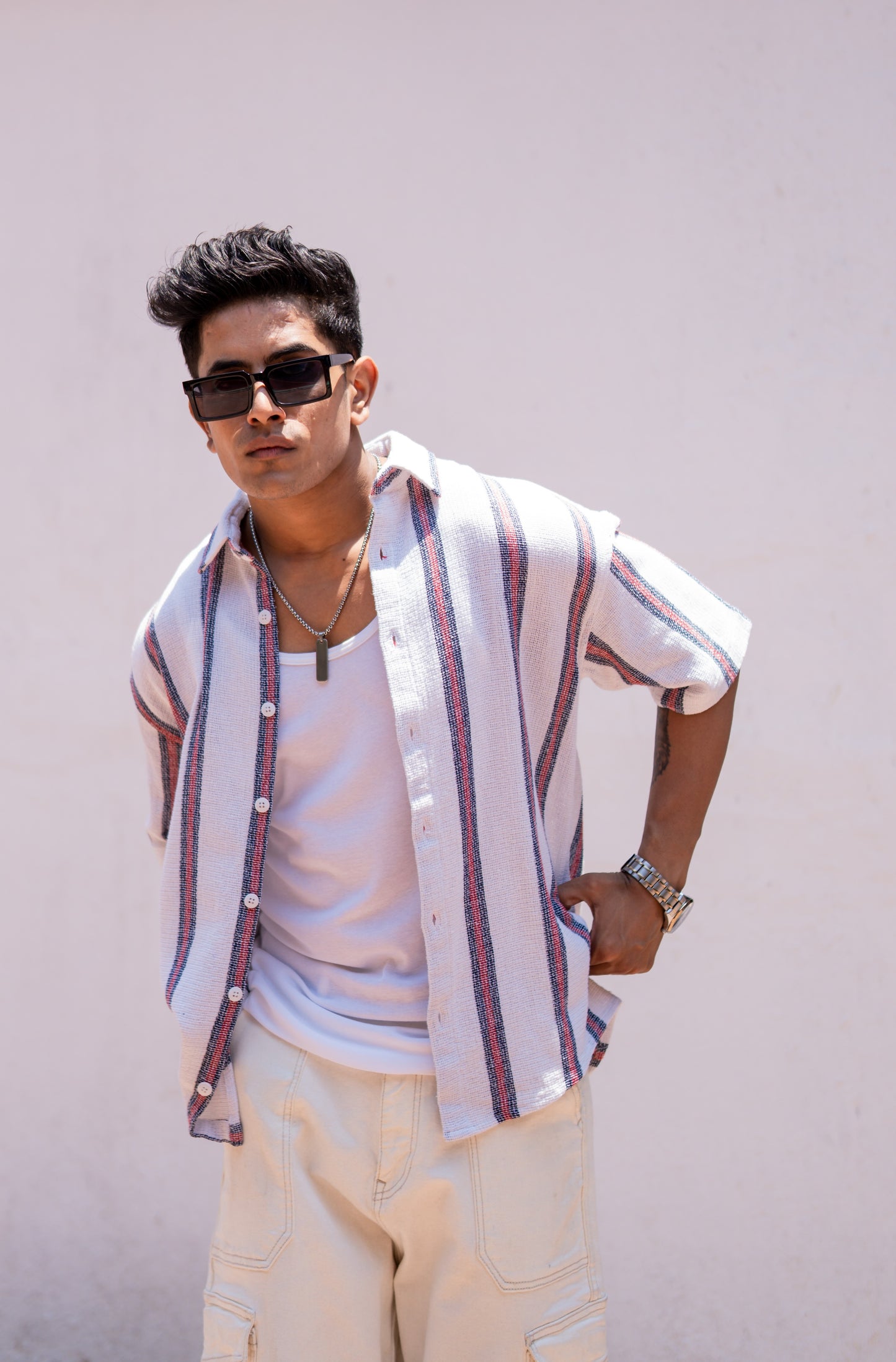 White Striped Oversize Drop Shoulder Shirt