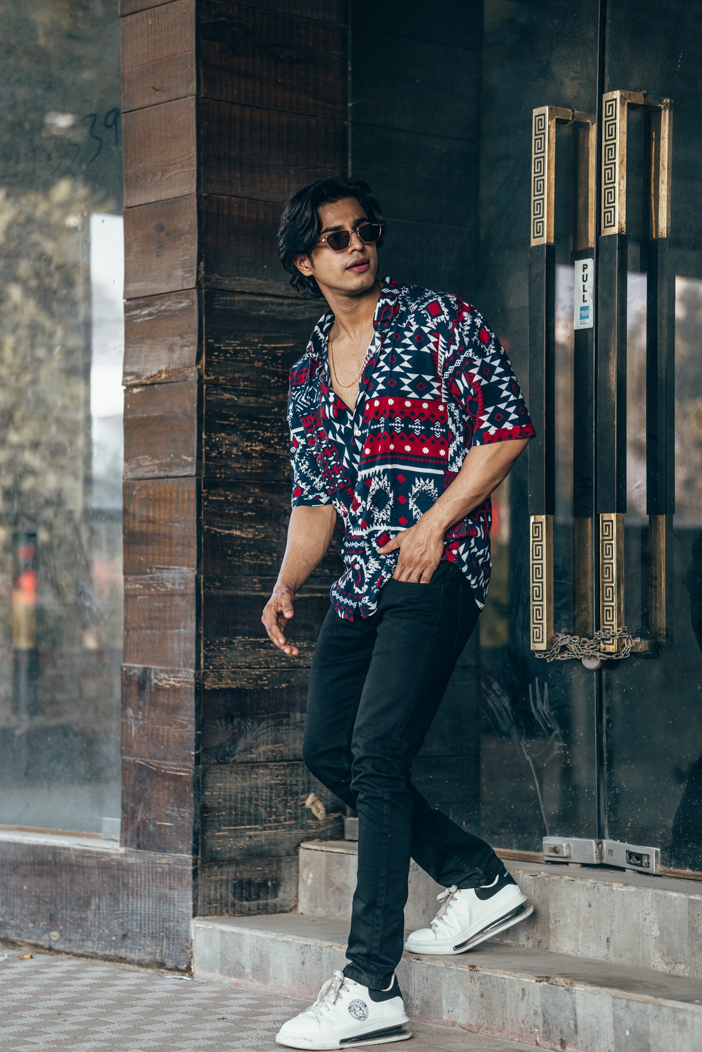 Navy Blue and Red Patchwork Print Oversize Drop Shoulder Shirt