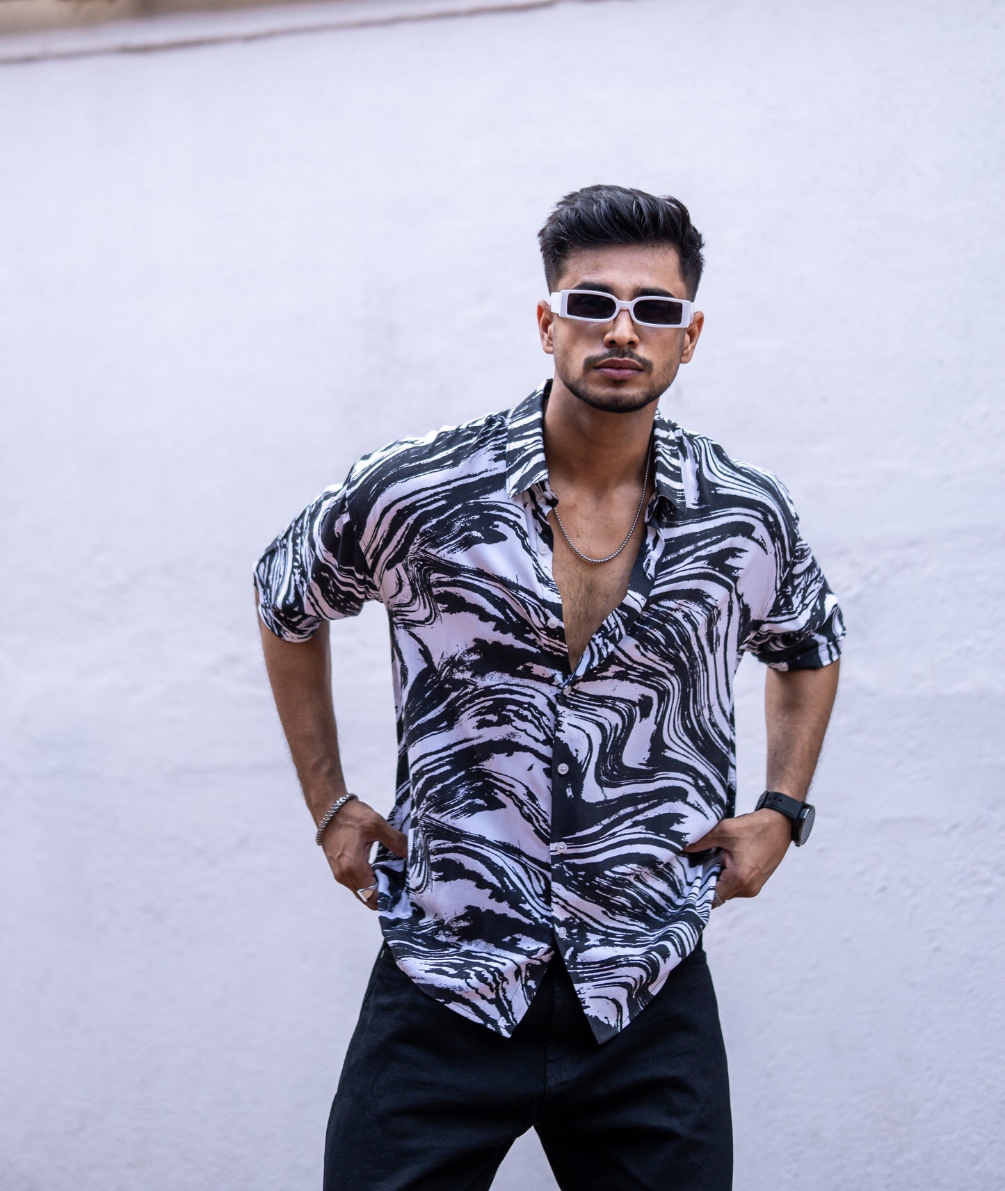Black Abstract Print Oversize Drop Shoulder Shirt