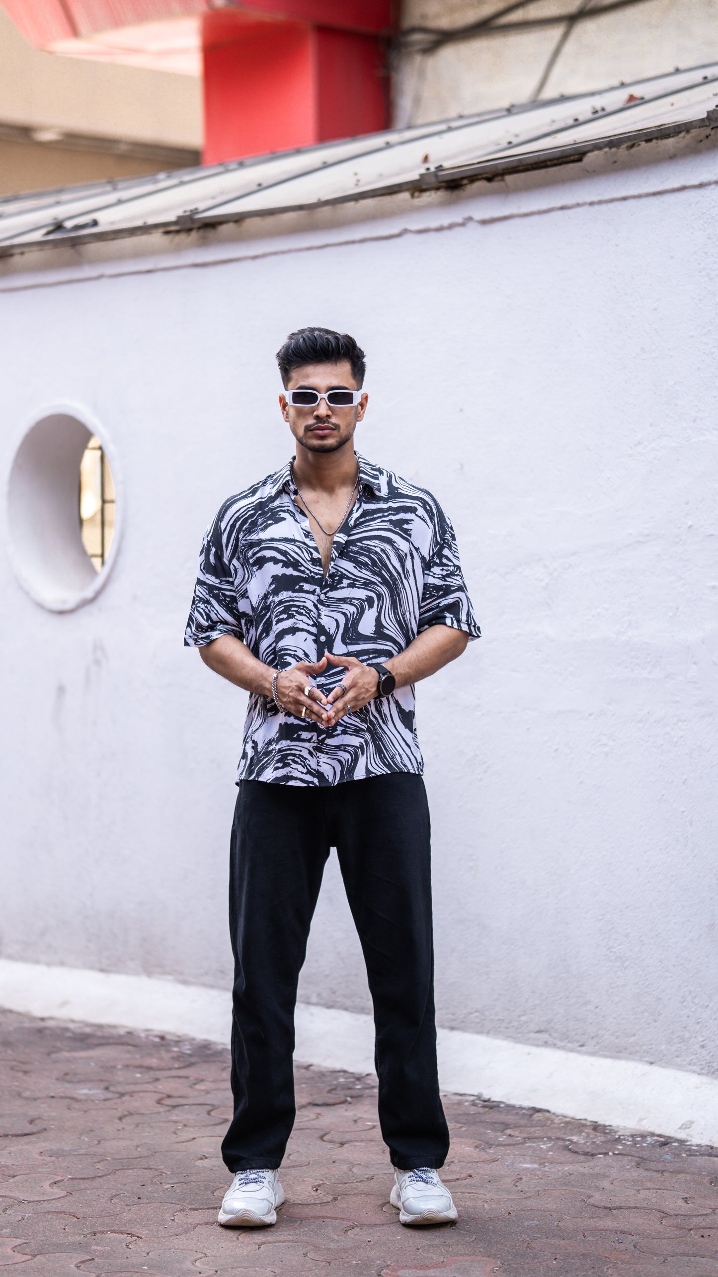 Black Abstract Print Oversize Drop Shoulder Shirt