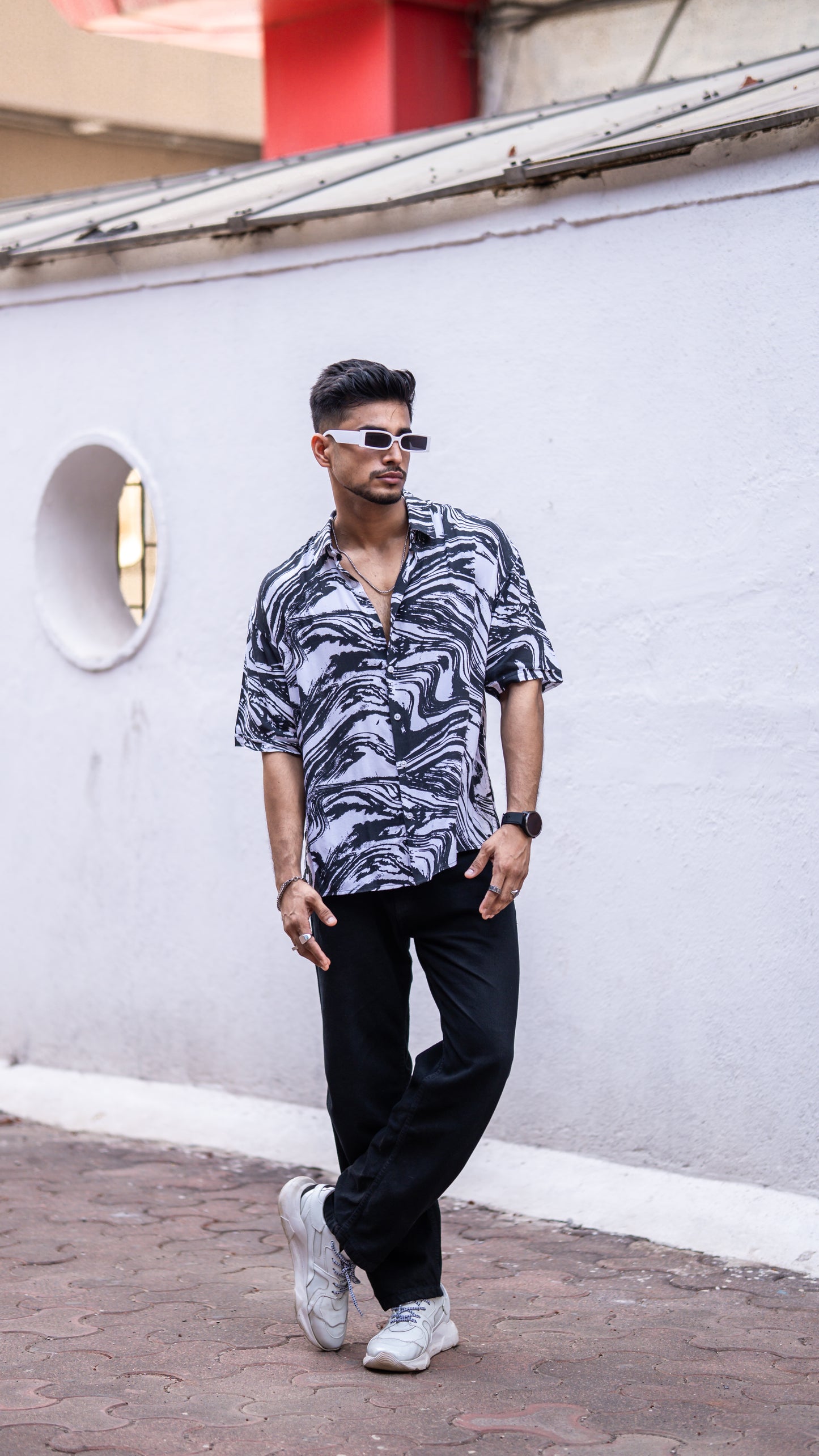 Black Abstract Print Oversize Drop Shoulder Shirt