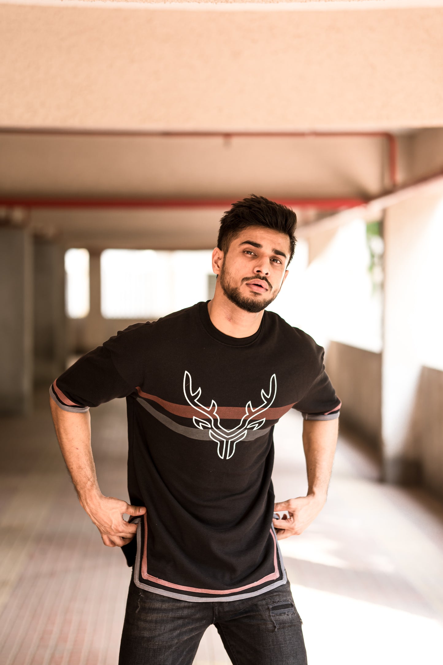 Black Deer Chest Stripe Oversize Drop Shoulder T Shirt