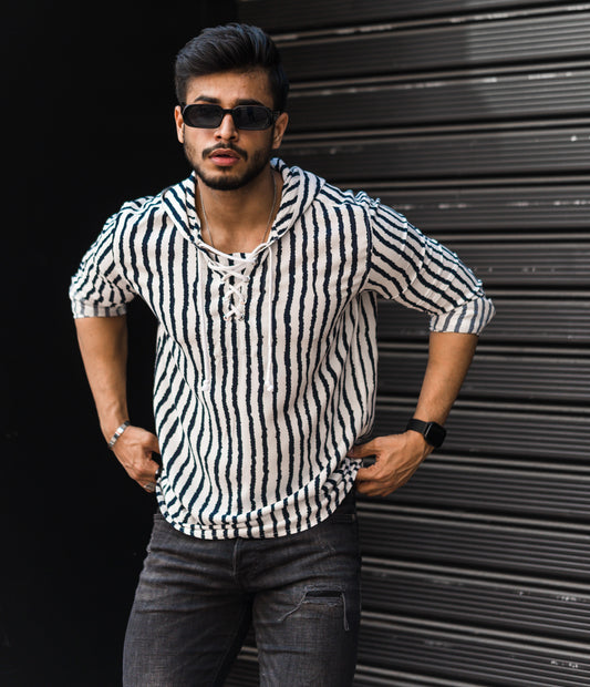 White Stripe Hooded Full Sleeves Shirt