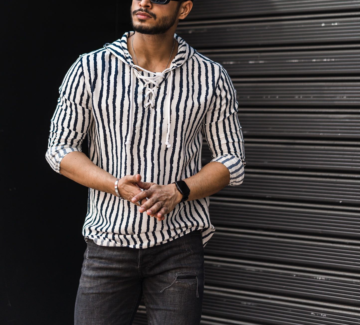 White Stripe Hooded Full Sleeves Shirt