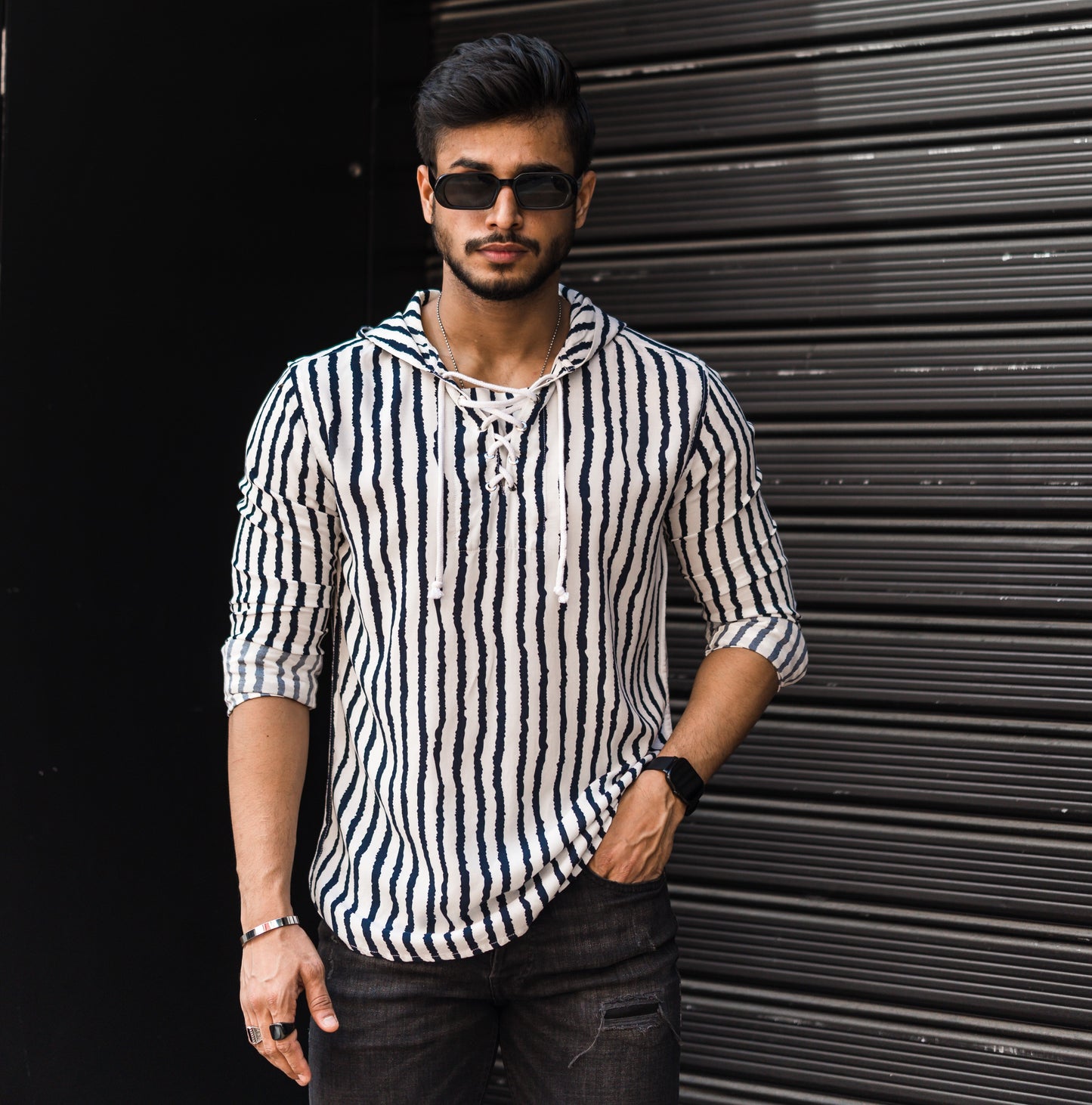 White Stripe Hooded Full Sleeves Shirt