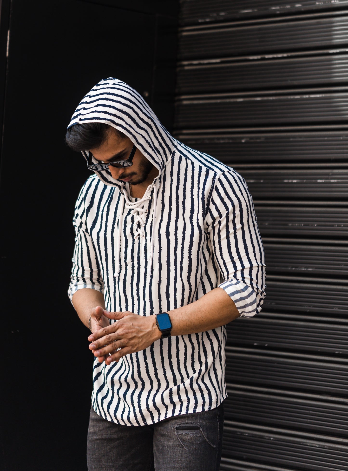 White Stripe Hooded Full Sleeves Shirt