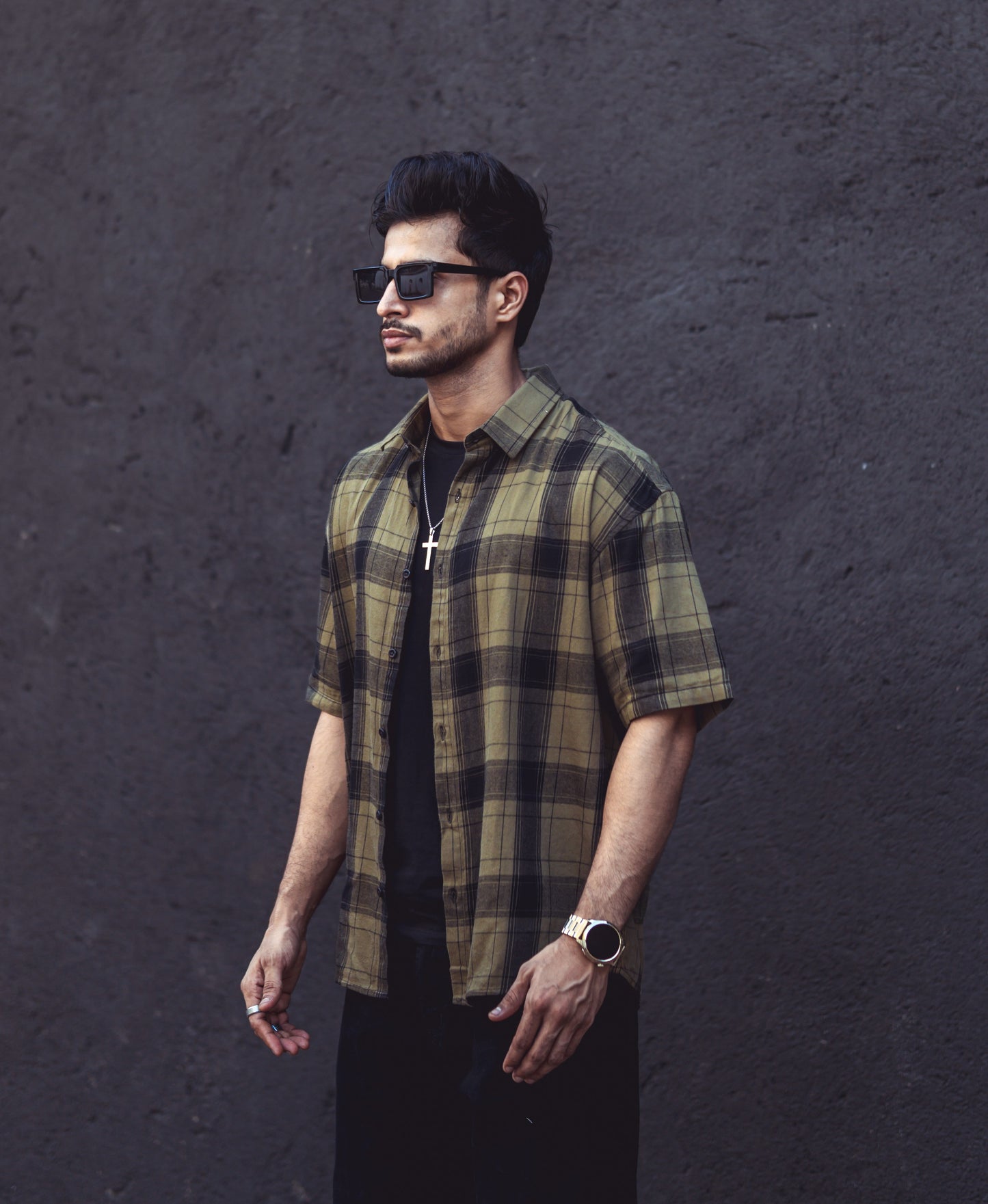 Olive Green Checks Print Shirt