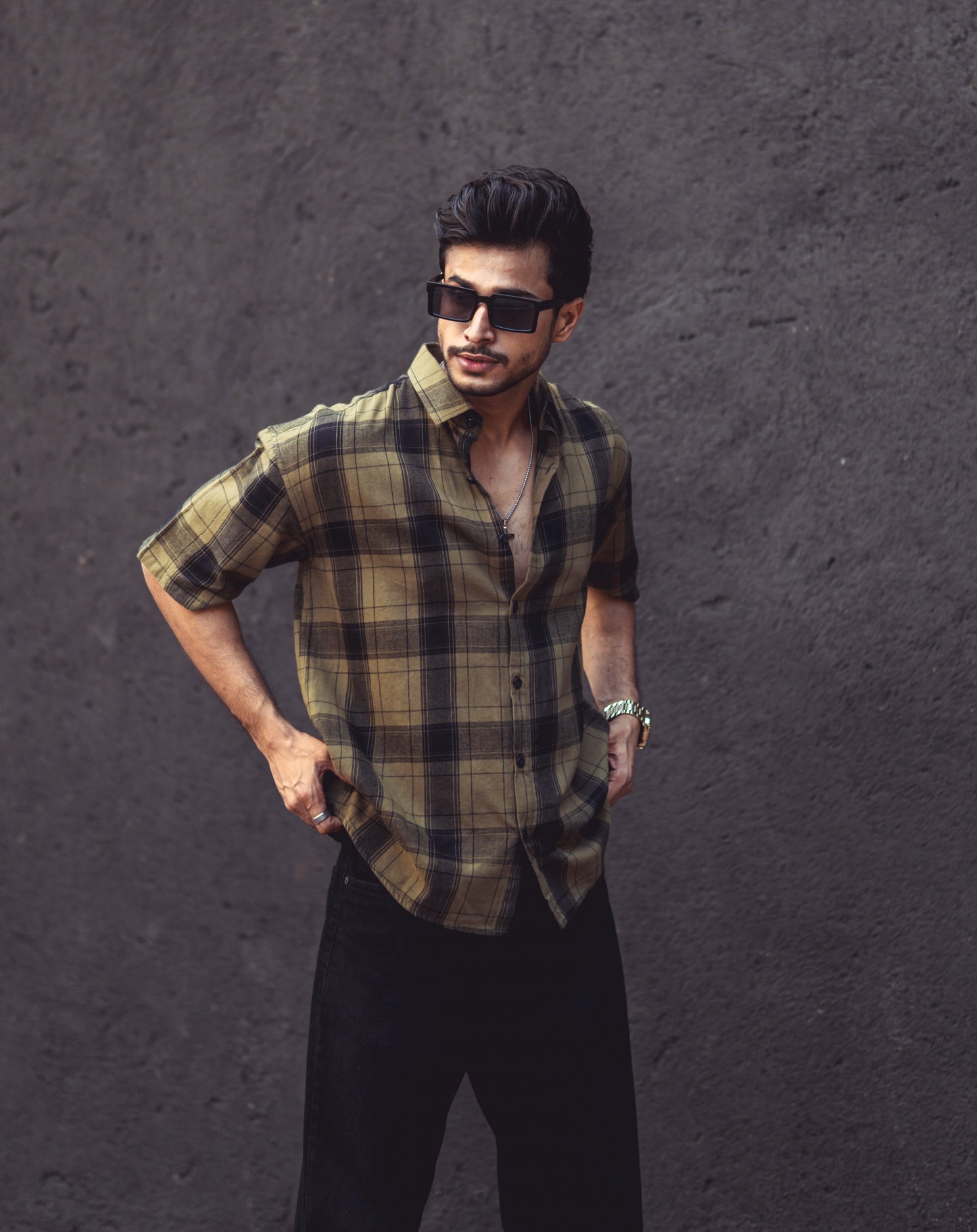 Olive Green Checks Print Shirt