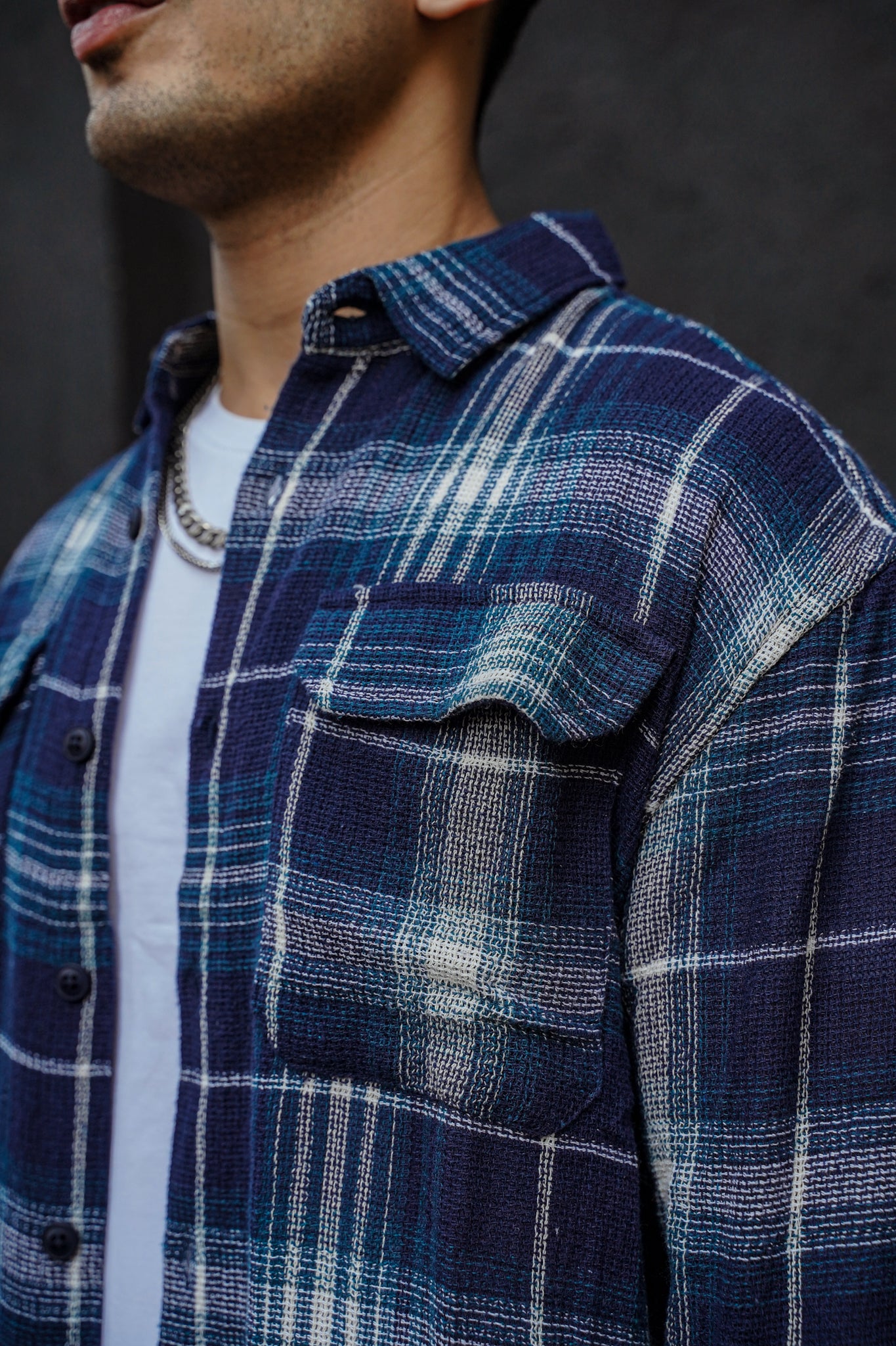 Navy Blue Plaid Flannel Shirt