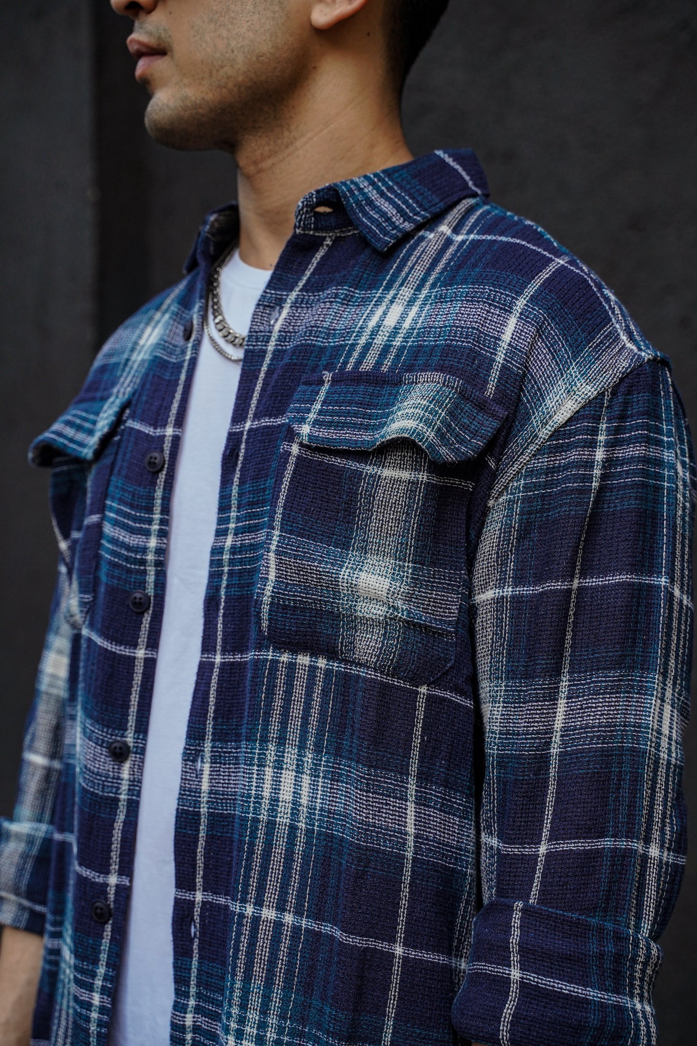 Navy Blue Plaid Flannel Shirt