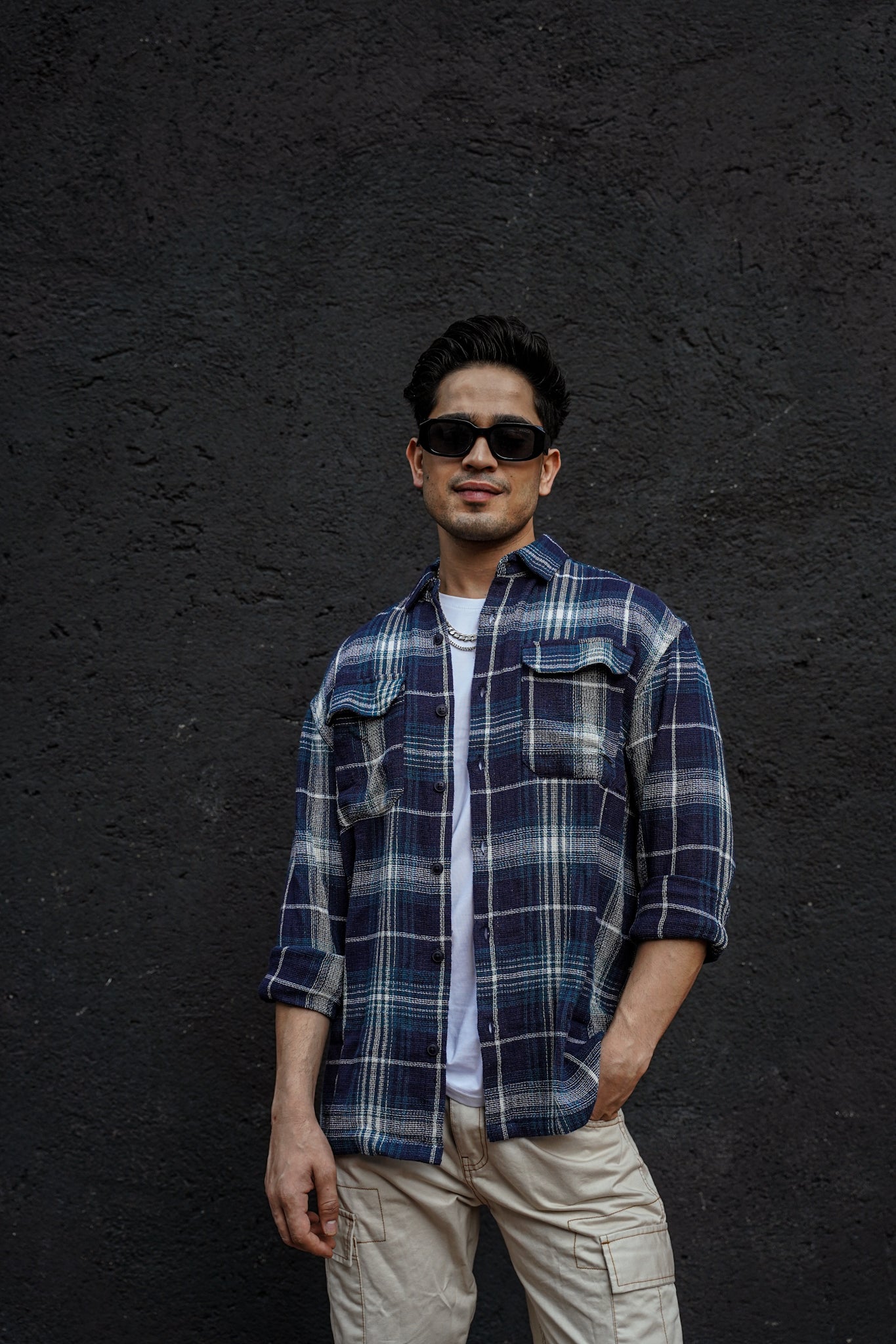 Navy Blue Plaid Flannel Shirt