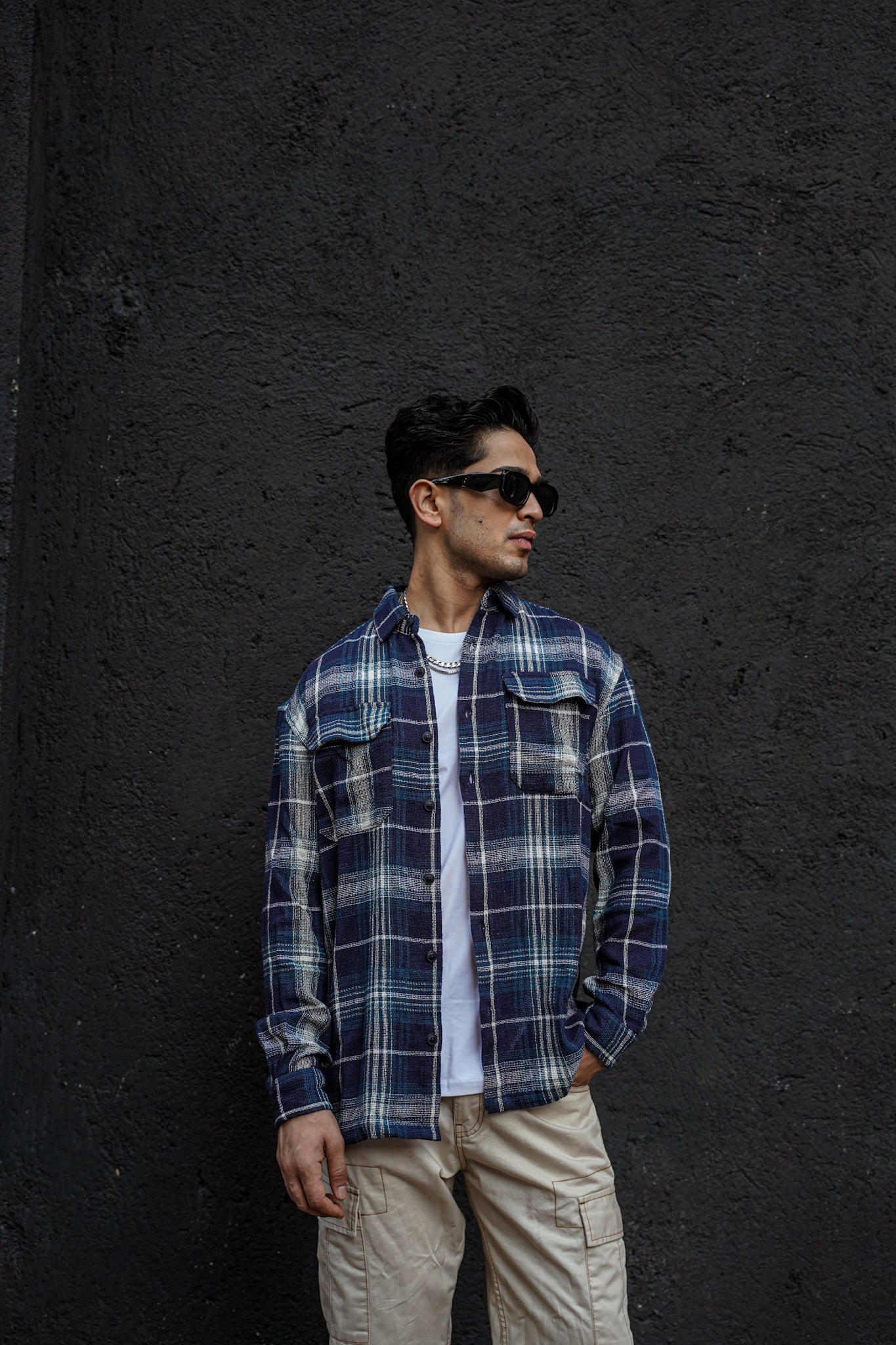 Navy Blue Plaid Flannel Shirt