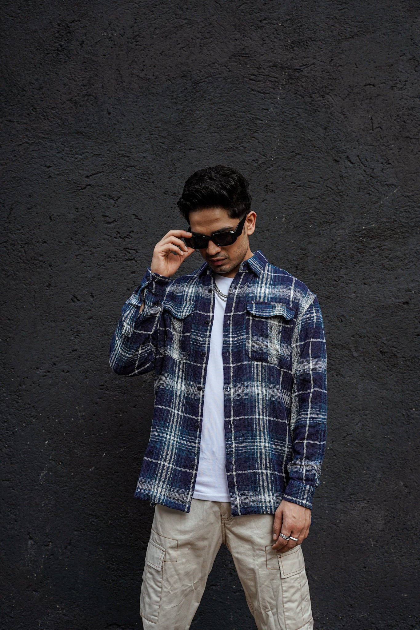 Navy Blue Plaid Flannel Shirt