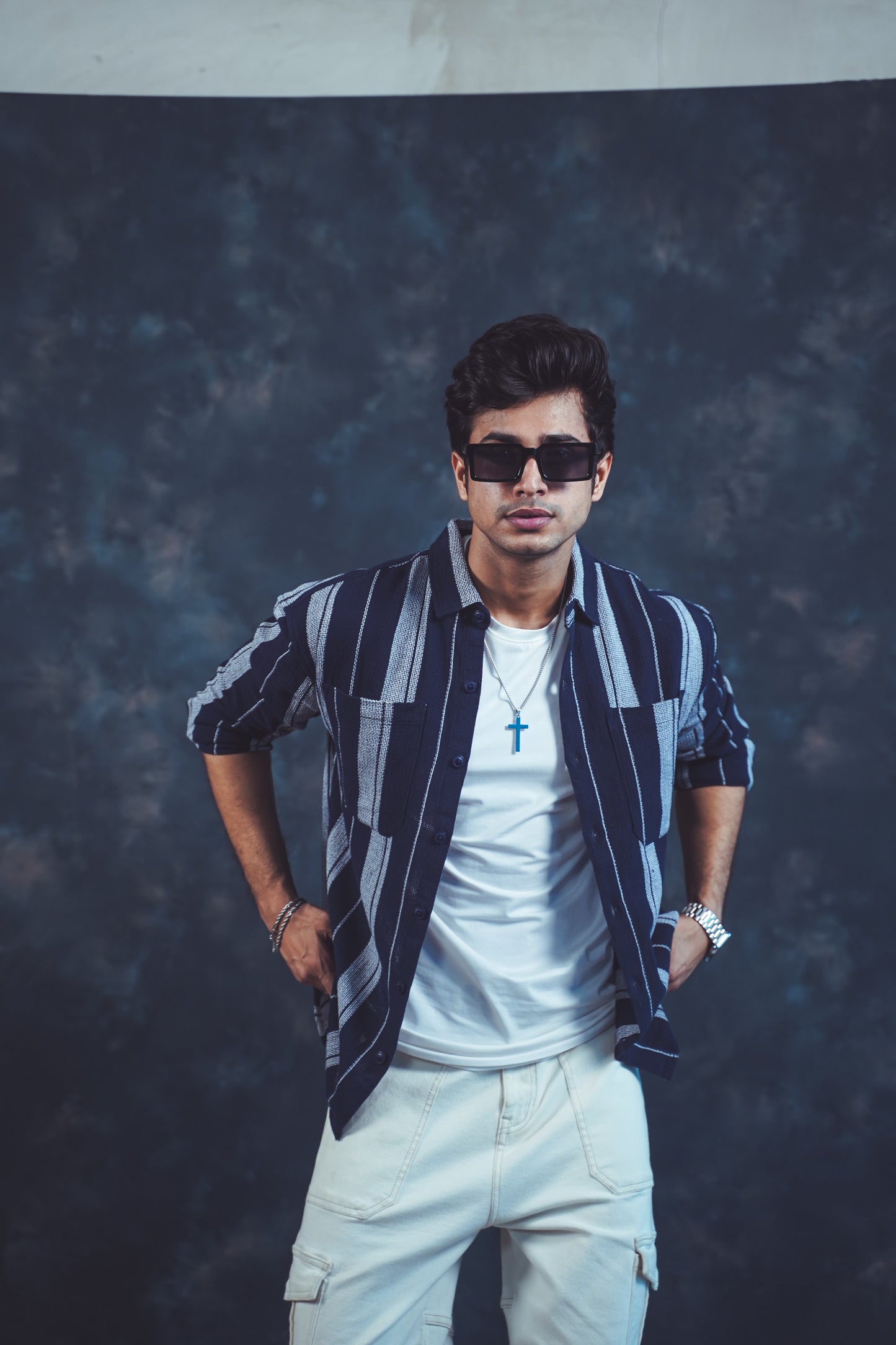 Navy Blue Striped Button-Up Shirt