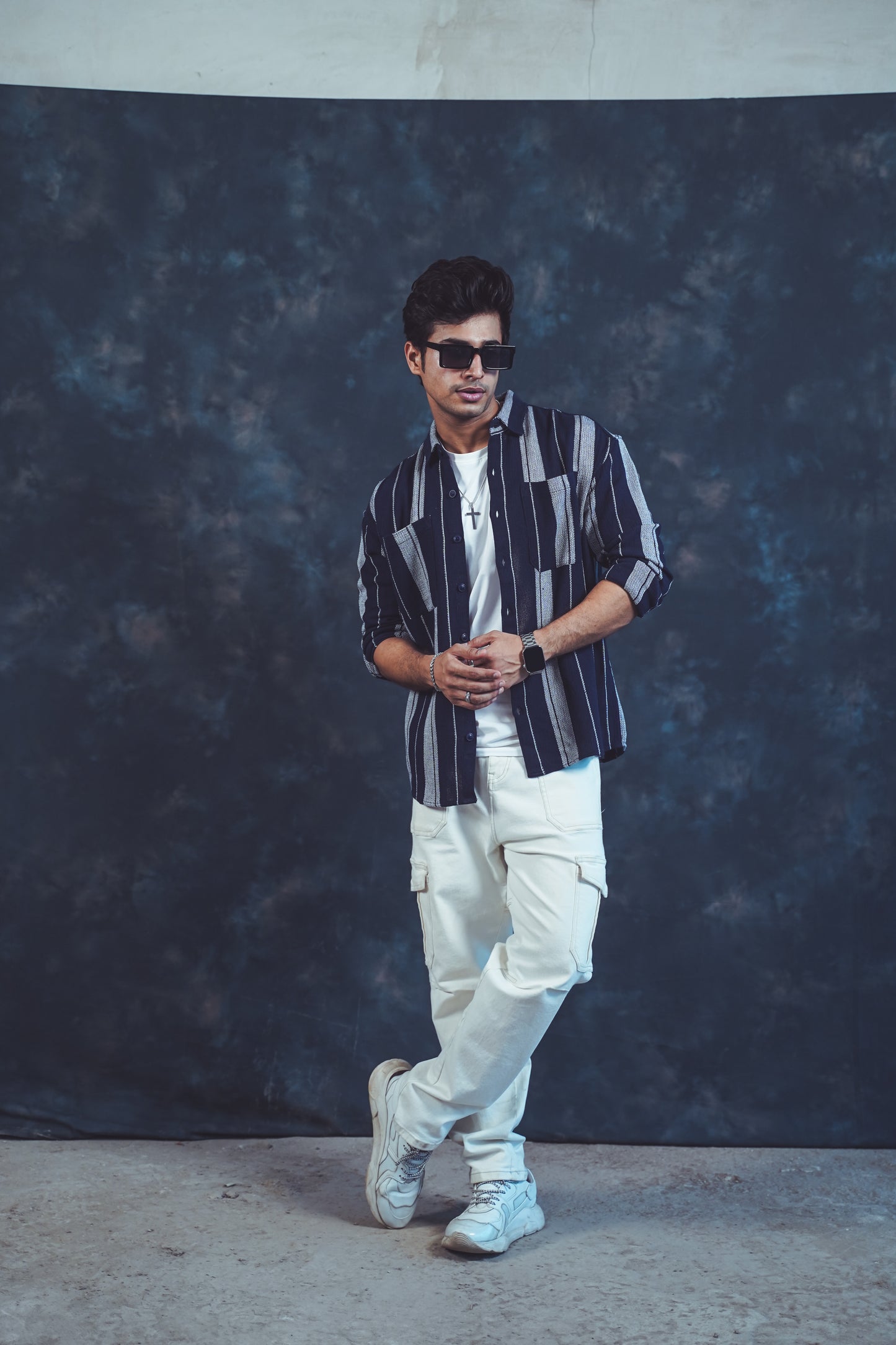 Navy Blue Striped Button-Up Shirt