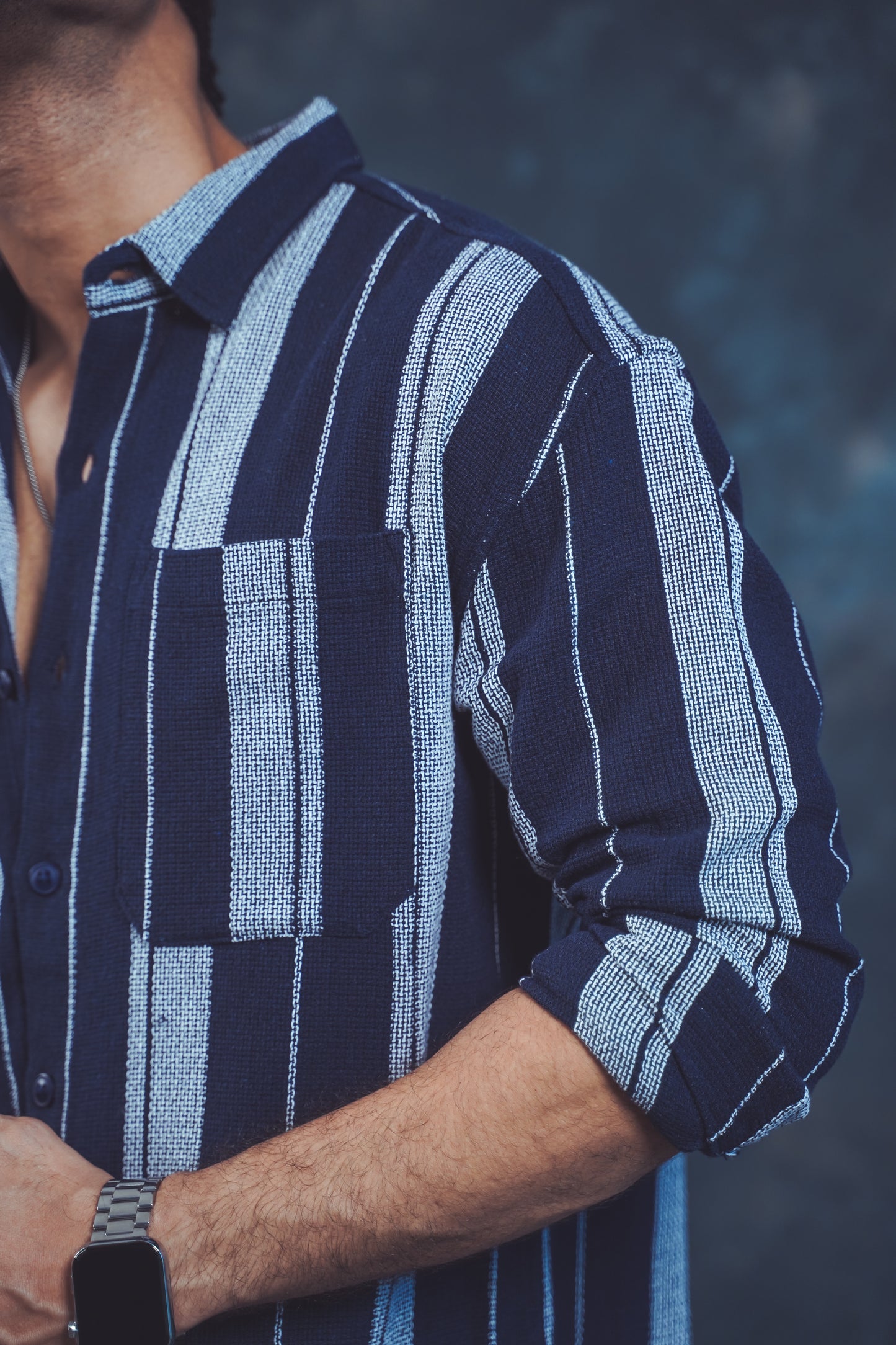 Navy Blue Striped Button-Up Shirt