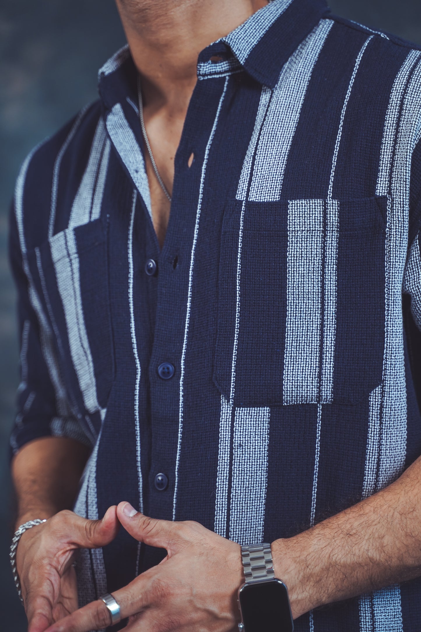 Navy Blue Striped Button-Up Shirt
