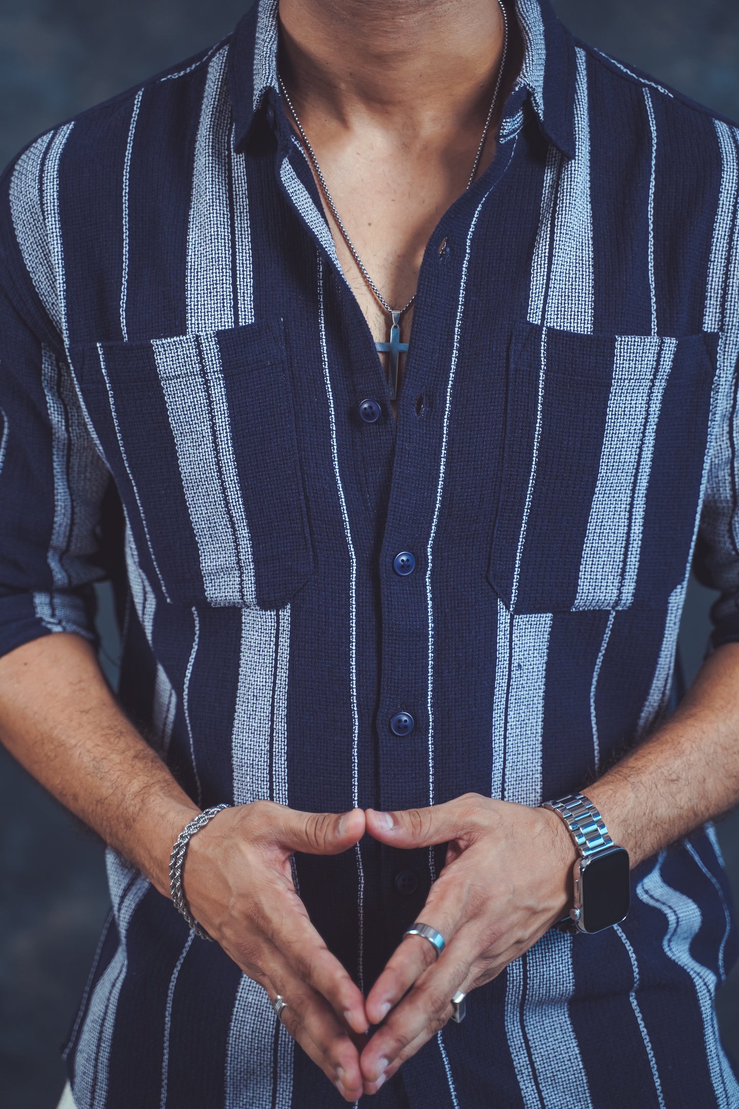Navy Blue Striped Button-Up Shirt