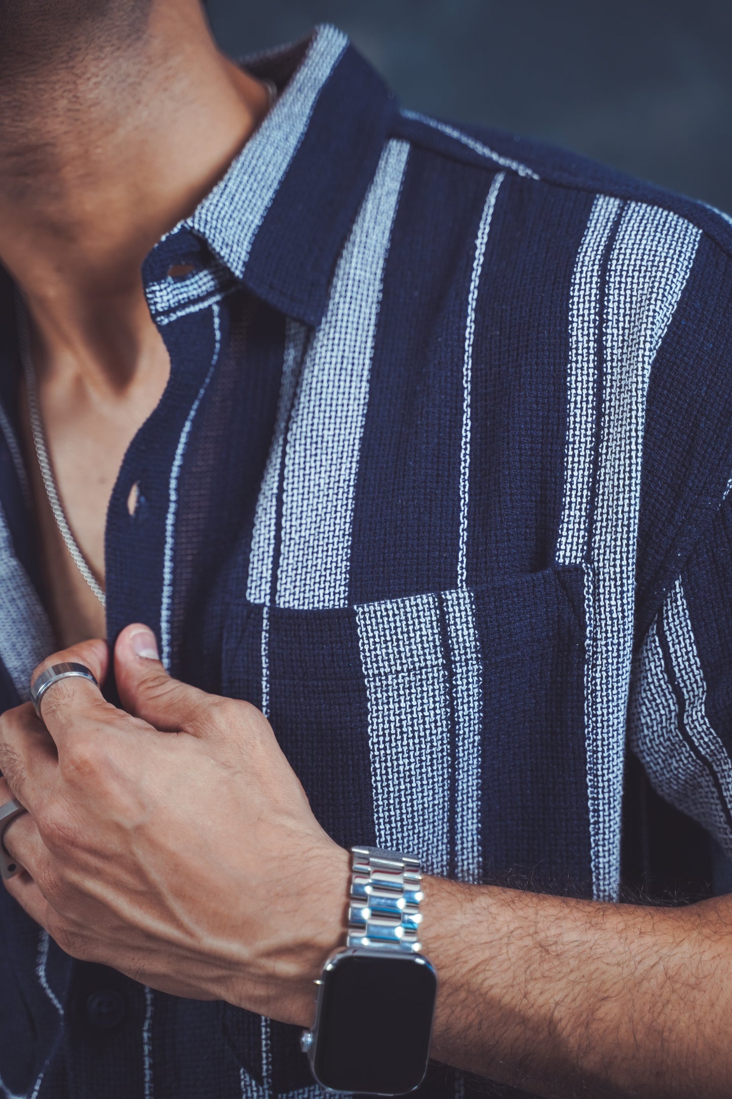 Navy Blue Striped Button-Up Shirt