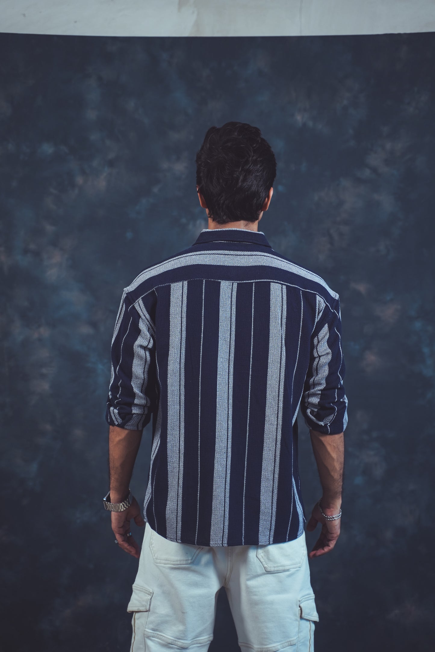 Navy Blue Striped Button-Up Shirt