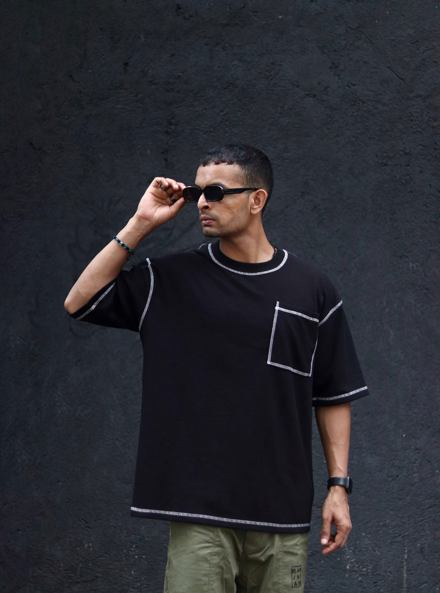 Black Contrast Stitch Oversize Drop Shoulder T Shirt
