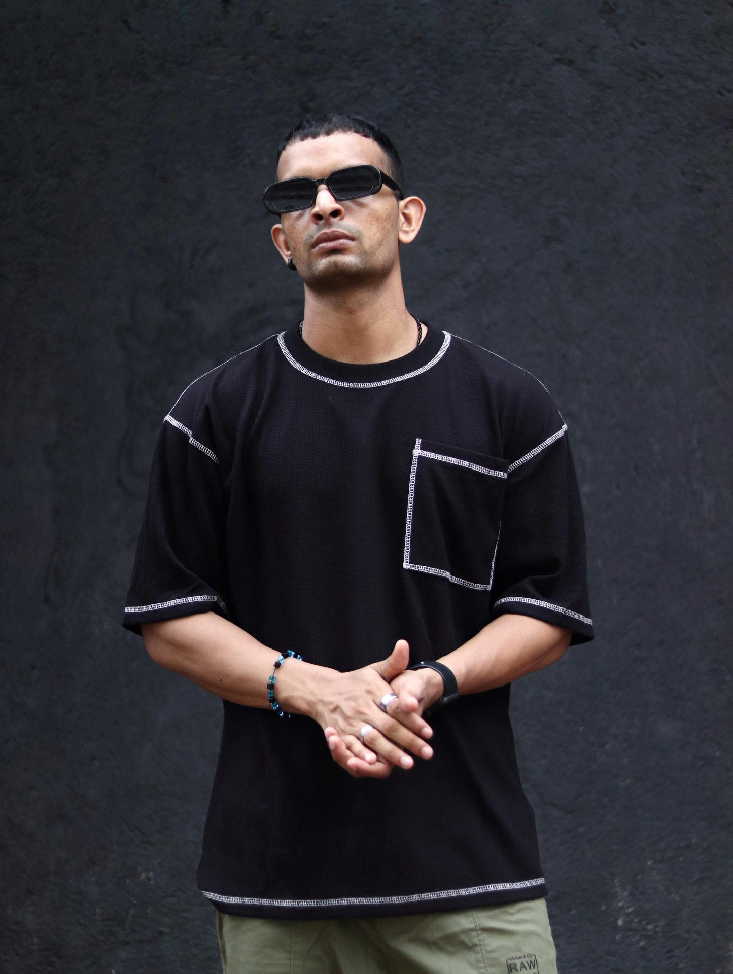 Black Contrast Stitch Oversize Drop Shoulder T Shirt