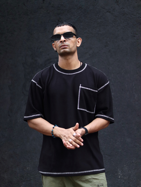 Black Contrast Stitch Oversize Drop Shoulder T Shirt