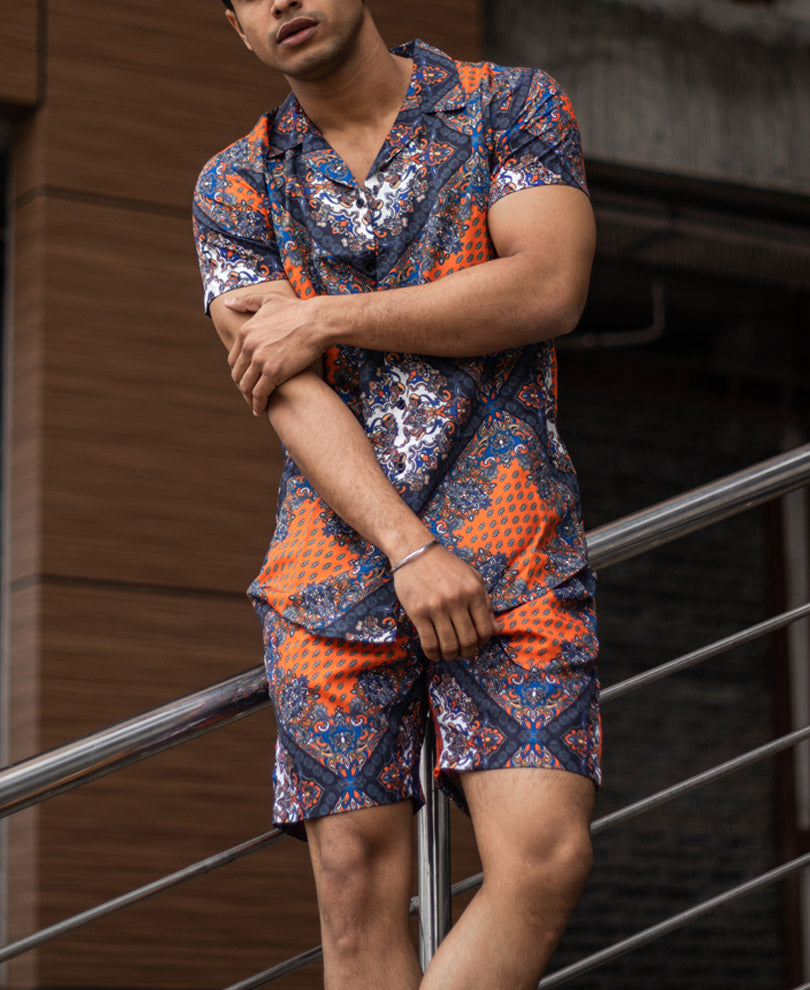 Blue Abstract Print Shirt and Shorts Set