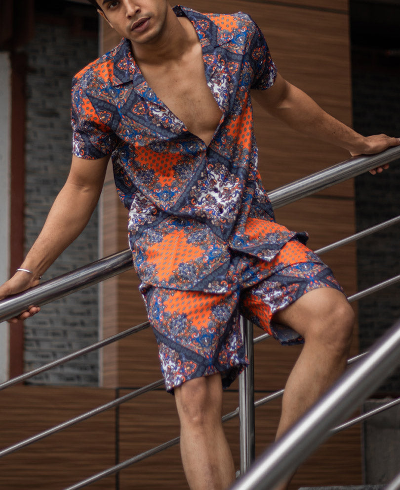 Blue Abstract Print Shirt and Shorts Set