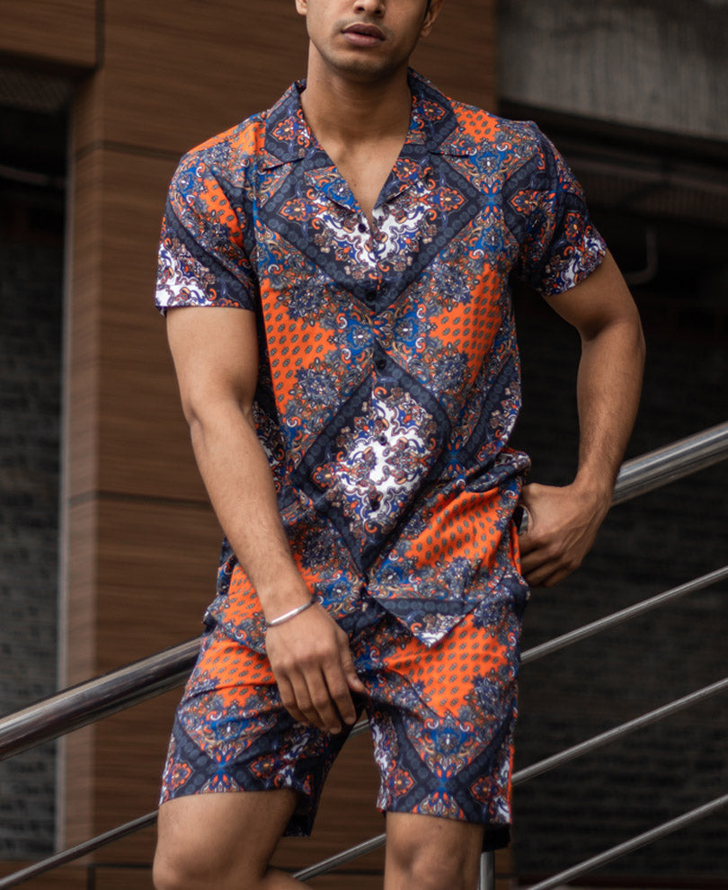 Blue Abstract Print Shirt and Shorts Set