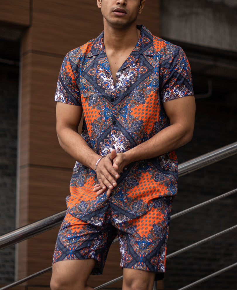 Blue Abstract Print Shirt and Shorts Set