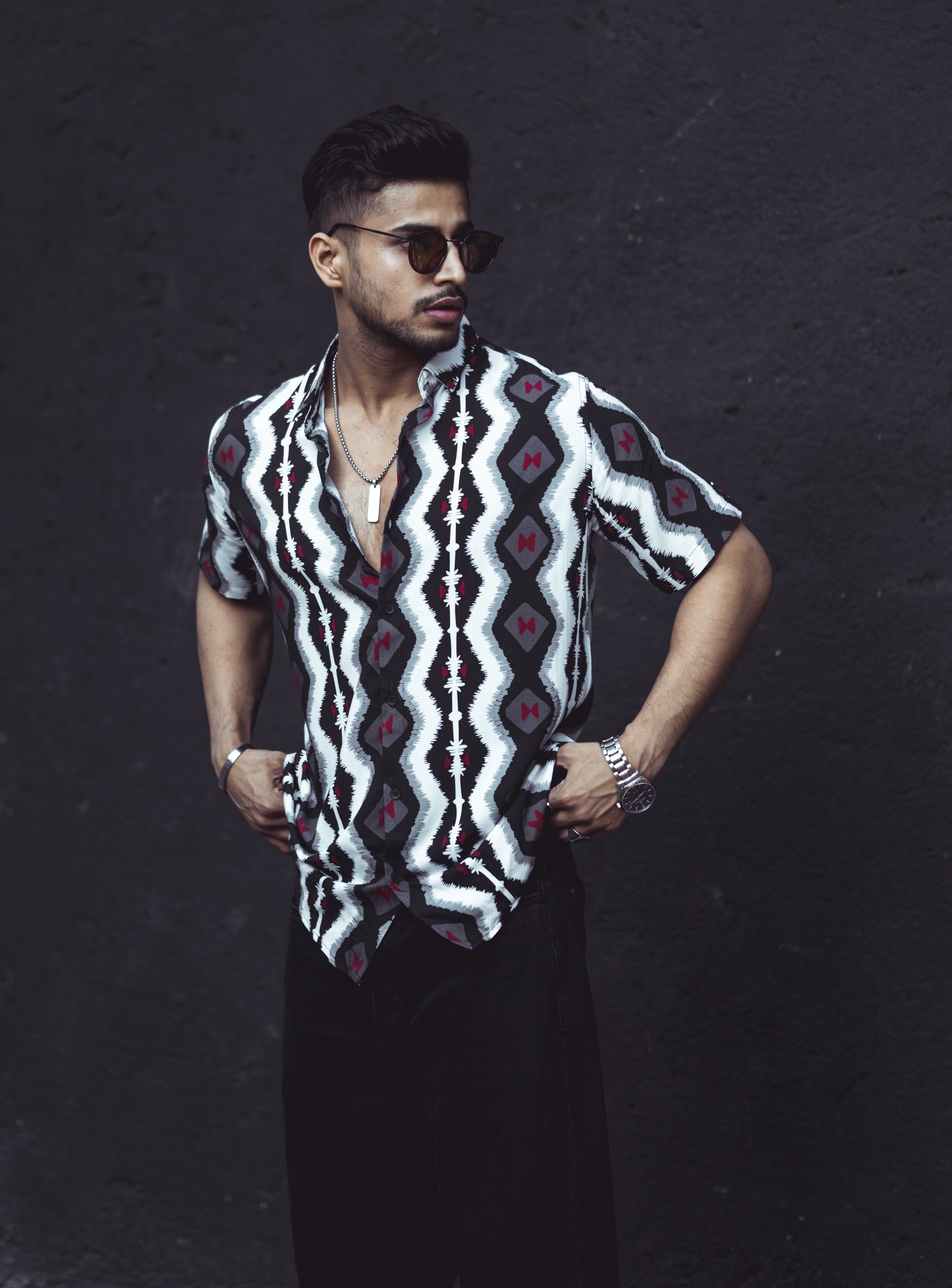 Black Resist-Dye Print Short-Sleeve Shirt