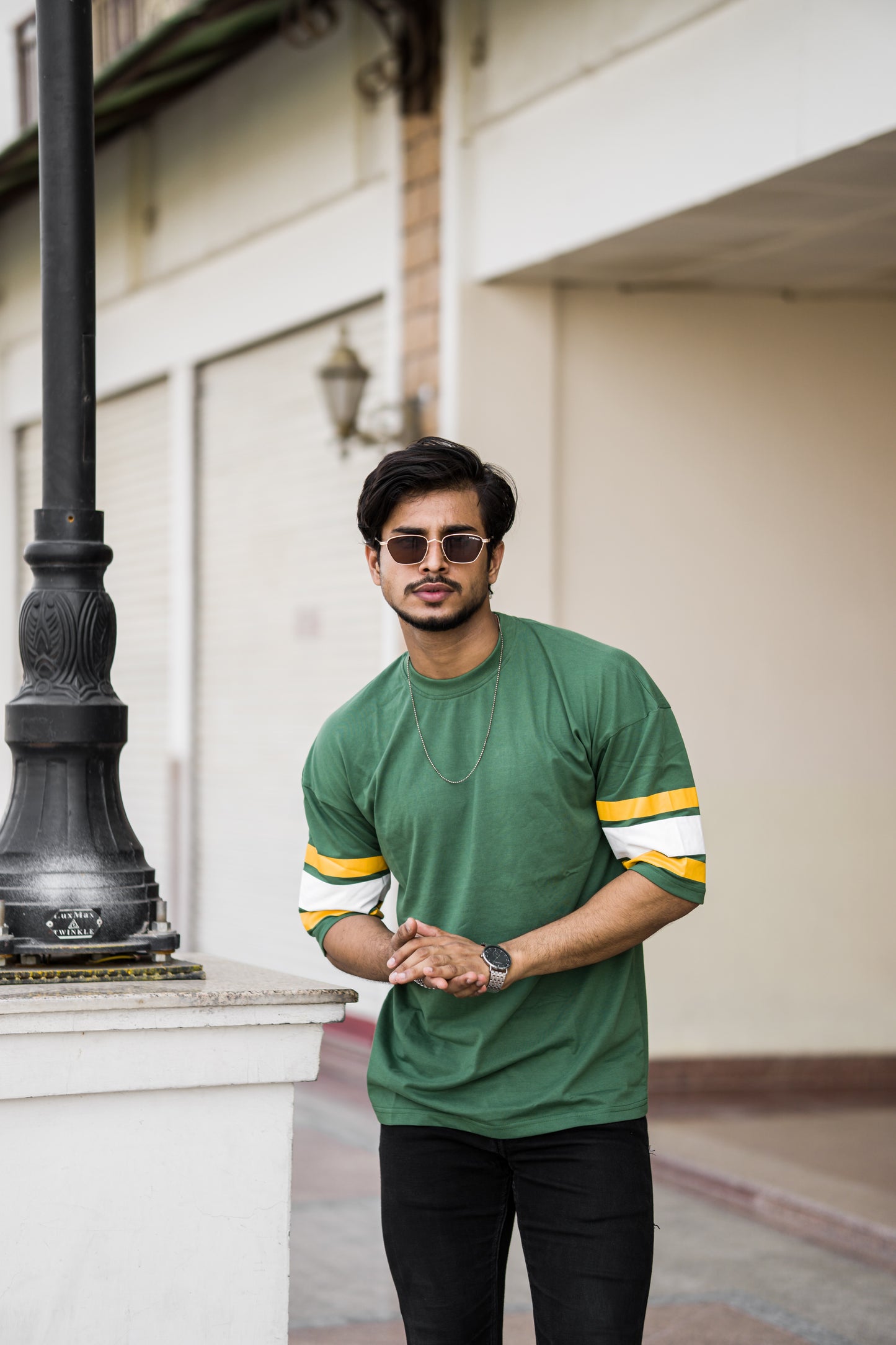 Green Crew Neck T-Shirt with Striped Sleeves